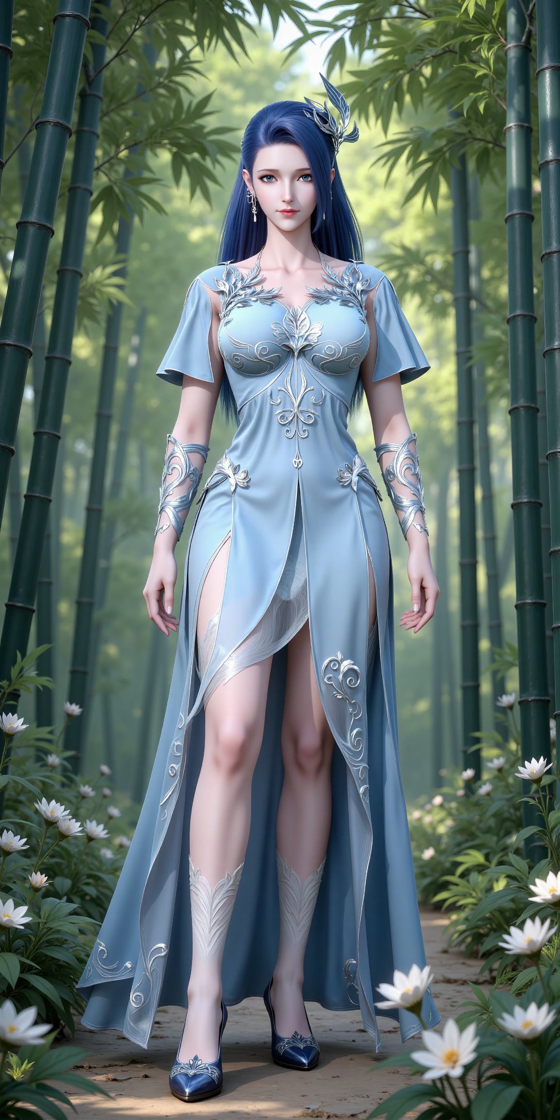 
4K,masterpiece,best quality,very aesthetic,lvjing,nature,bamboo,tree,flowers,day,
blue hair, long hair, blue eyes, eyelashes, hair_ornament, ayin blue dress, short_sleeves, white socks, high_heels, 1girl, full body, solo,  jewelry, earrings, looking at viewer, standing, closed mouth