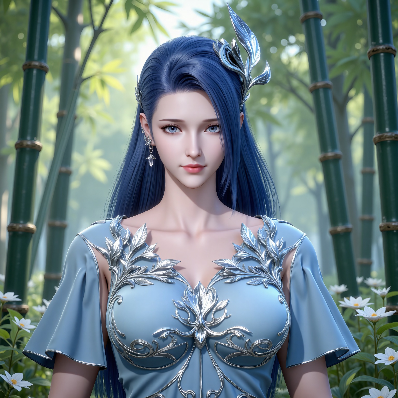 
4K,masterpiece,best quality,very aesthetic,lvjing,nature,bamboo,tree,flowers,day,
blue hair, long hair, blue eyes, eyelashes, hair_ornament, ayin blue dress, short_sleeves, 1girl, solo, jewelry, earrings, looking at viewer, 