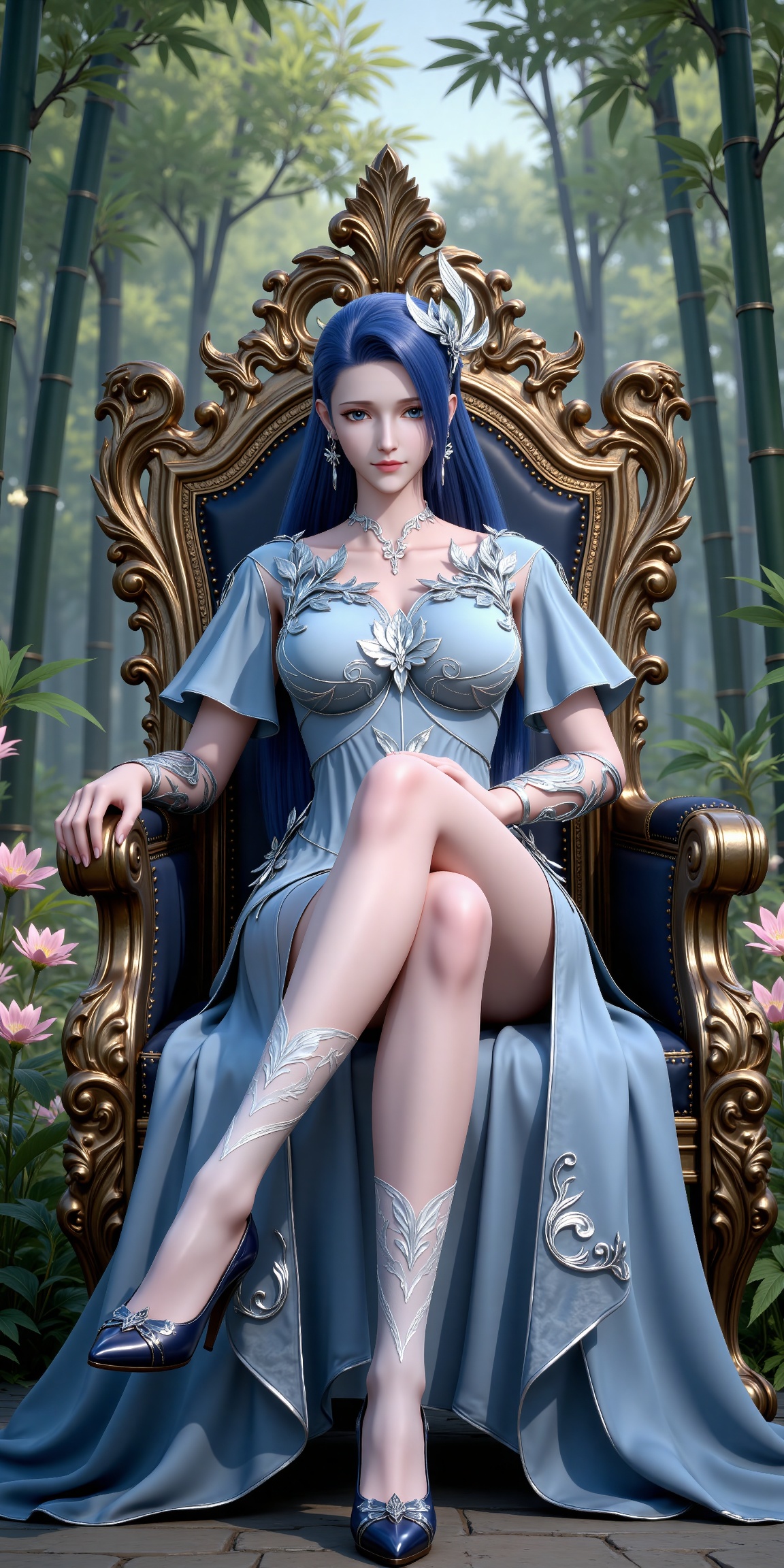 
4K,masterpiece,best quality,very aesthetic,lvjing,nature,bamboo,tree,flowers,day,
blue hair, long hair, blue eyes, eyelashes, hair_ornament, ayin blue dress, short_sleeves, white socks, high_heels, 1girl, sitting, solo, crossed legs, jewelry, earrings, throne, looking at viewer, full body, chair, 