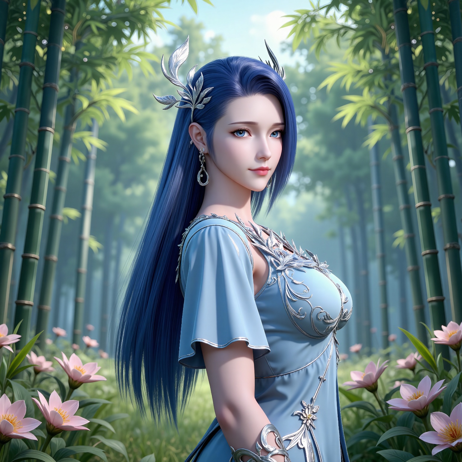 
4K,masterpiece,best quality,very aesthetic,lvjing,nature,bamboo,tree,flowers,day,
blue hair, long hair, blue eyes, eyelashes, hair_ornament, ayin blue dress, short_sleeves, 1girl, solo, jewelry, earrings, looking at viewer, from side,