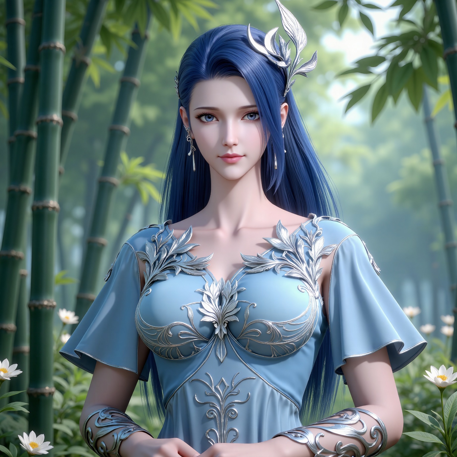 
4K,masterpiece,best quality,very aesthetic,lvjing,nature,bamboo,tree,flowers,day,
blue hair, long hair, blue eyes, eyelashes, hair_ornament, ayin blue dress, short_sleeves, 1girl, solo, jewelry, earrings, looking at viewer, 