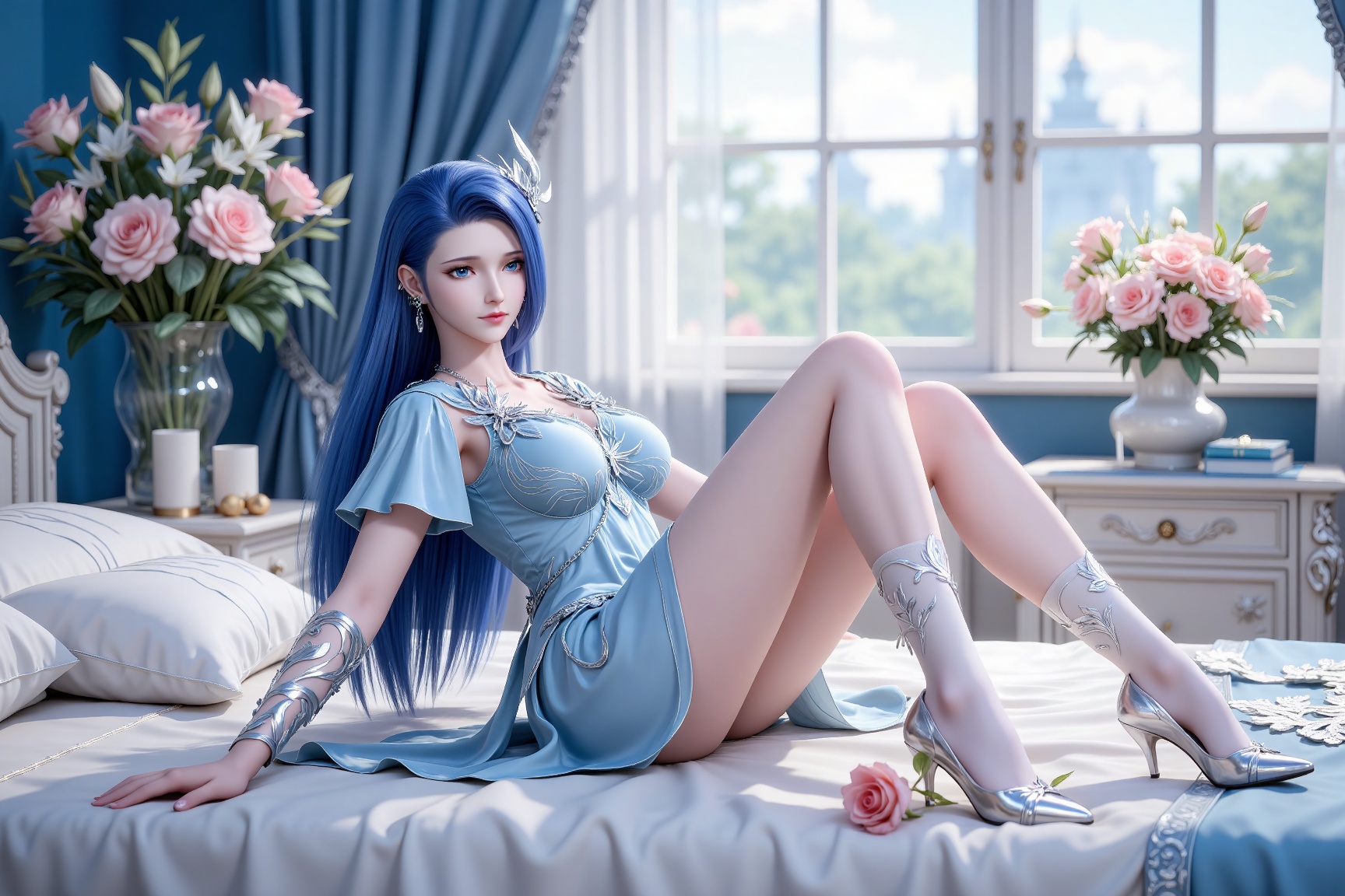 
4K,masterpiece,best quality,very aesthetic,lvjing,
blue hair, long hair, blue eyes, eyelashes, hair_ornament, ayin blue dress, short_sleeves, white socks, high_heels, 1girl, sitting, solo,  jewelry, earrings,  looking at viewer, full body, bed,lying,on stomach,rose,flowers,window,indoors,leg up,