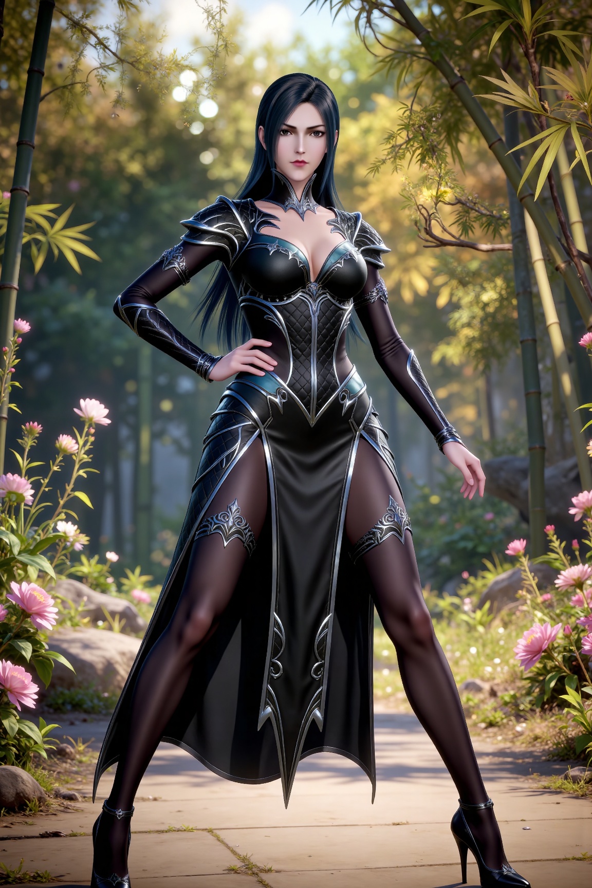 
4K,masterpiece,best quality,very aesthetic,lvjing,nature,bamboo,tree,flowers,day,
black hair, long hair, black eyes, liuerlong black leotard, cleavage cutout, shoulder armor, black pantyhose, high_heels, 1girl, solo, breasts, full body, looking at viewer, outdoors, hand on own hip, blurry background, standing, black footwear, blurry, jewelry, thighlet