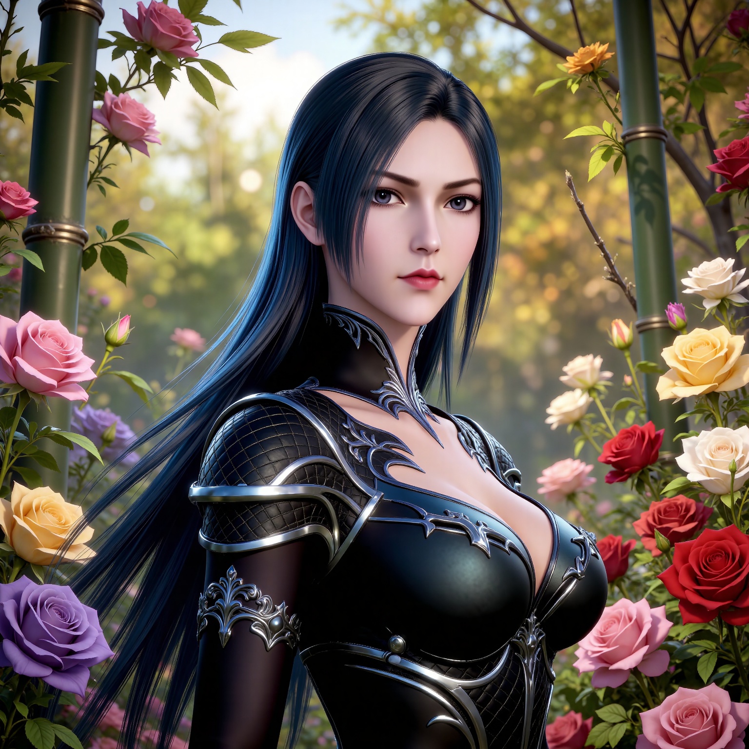 
4K,masterpiece,best quality,very aesthetic,lvjing,nature,bamboo,tree,flowers,day,
black hair, long hair, black eyes, liuerlong black leotard, cleavage cutout, shoulder armor, 1girl, flower, solo, rose, from side, red flower, upper body, blurry, blurry background, pink flower, purple flower, outdoors, yellow flowe,looking at viewer