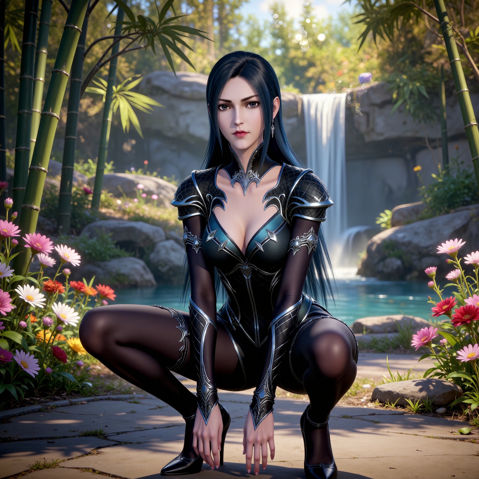 
4K,masterpiece,best quality,very aesthetic,lvjing,nature,bamboo,tree,flowers,day,
black hair, long hair, black eyes, liuerlong black leotard, cleavage cutout, shoulder armor, black pantyhose, high_heels, 1girl, solo, looking at viewer, earrings, squatting, jewelry, waterfall, blurry background, blurry, outdoors, water