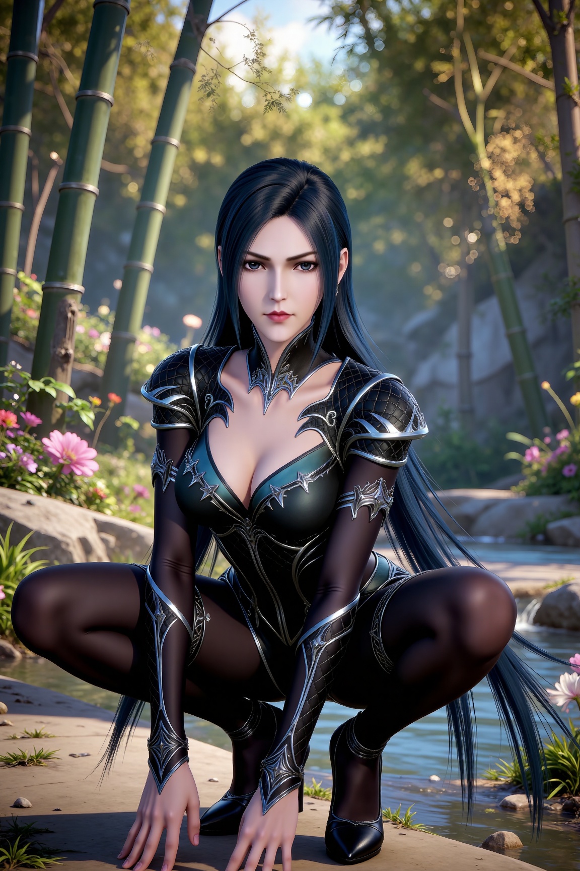 
4K,masterpiece,best quality,very aesthetic,lvjing,nature,bamboo,tree,flowers,day,
black hair, long hair, black eyes, liuerlong black leotard, cleavage cutout, shoulder armor, black pantyhose, high_heels, 1girl, solo, looking at viewer, earrings, squatting, jewelry, waterfall, blurry background, blurry, outdoors, water