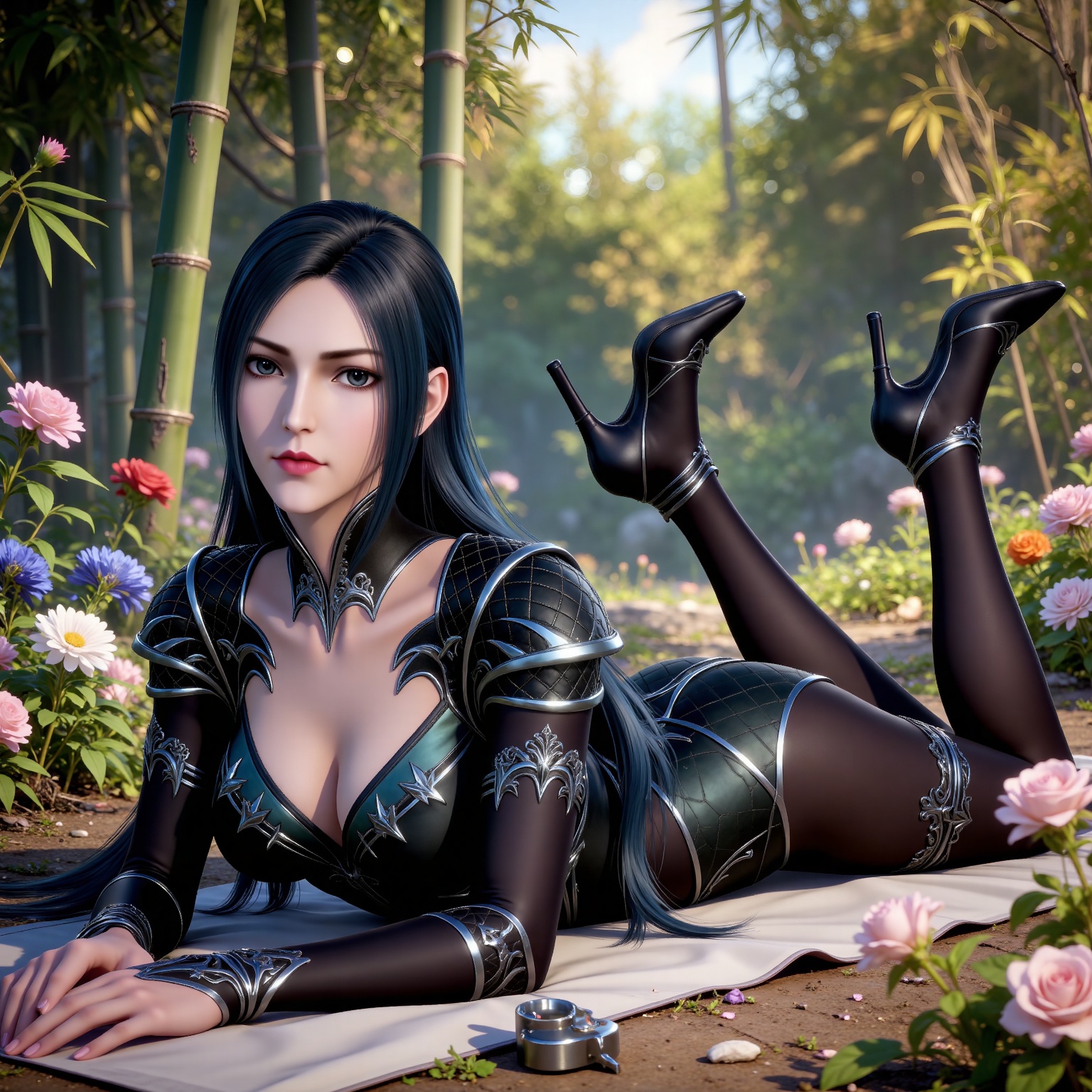 
4K,masterpiece,best quality,very aesthetic,lvjing,nature,bamboo,tree,flowers,day,
black hair, long hair, black eyes, liuerlong black leotard, cleavage cutout, shoulder armor, black pantyhose, high_heels, 1girl, solo, on stomach, lying, looking at viewer, blurry background, breasts, outdoors, the pose, full body, jewelry, blurry, ass