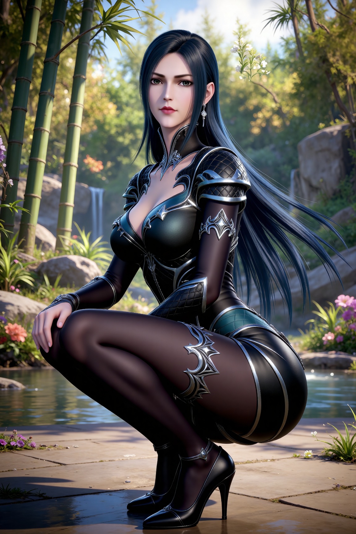 
4K,masterpiece,best quality,very aesthetic,lvjing,nature,bamboo,tree,flowers,day,
black hair, long hair, black eyes, liuerlong black leotard, cleavage cutout, shoulder armor, black pantyhose, high_heels, 1girl, solo, looking at viewer, earrings, squatting, jewelry, waterfall, blurry background, blurry, outdoors, water