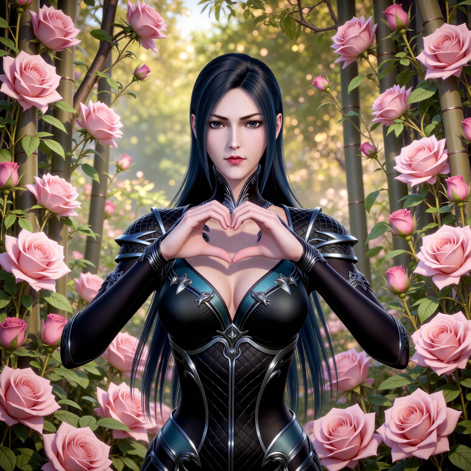 
4K,masterpiece,best quality,very aesthetic,lvjing,nature,bamboo,tree,flowers,day,
black hair, long hair, black eyes, liuerlong black leotard, cleavage cutout, shoulder armor, 1girl, heart hands, solo, heart, flower, breasts, upper body, looking at viewer, rose, pink flower, large breasts, pink rose