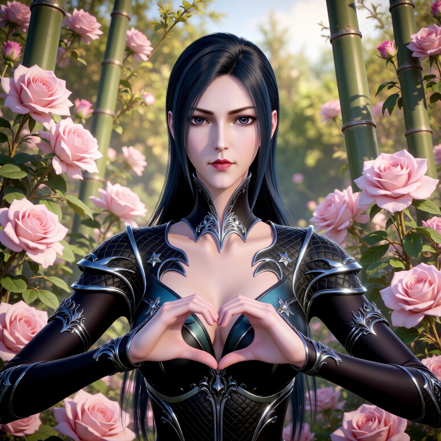
4K,masterpiece,best quality,very aesthetic,lvjing,nature,bamboo,tree,flowers,day,
black hair, long hair, black eyes, liuerlong black leotard, cleavage cutout, shoulder armor, 1girl, heart hands, solo, heart, flower, breasts, upper body, looking at viewer, rose, pink flower, large breasts, pink rose
