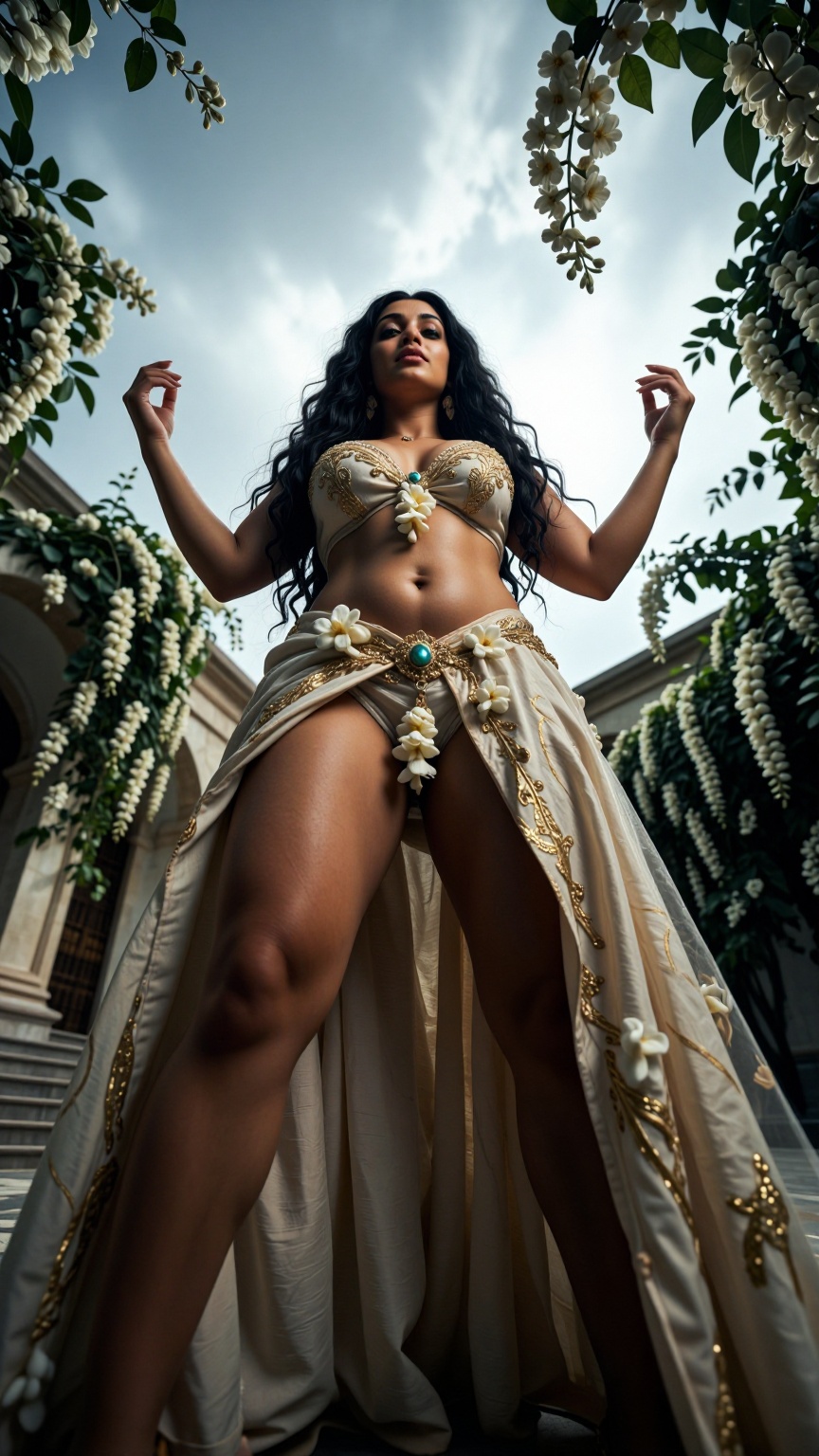 [Professional studio portrait photograph of] An extreme low-angle cinematic photograph looking up at a majestic curvy woma...