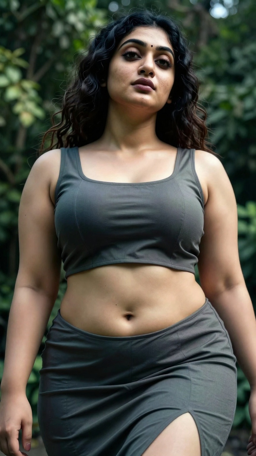 A low-angle shot of a gorgeous curvy south Asian woman in a modern dress that exposes her midriff navel,  highlighting,  g...