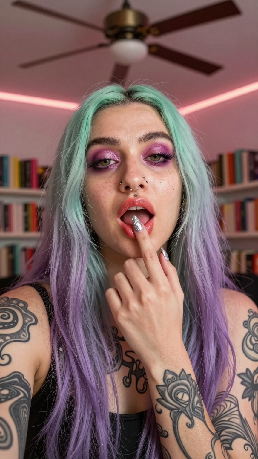 TouchingLip.A close-up selfie captures a person with long,  straight hair transitioning from mint green at the roots to la...