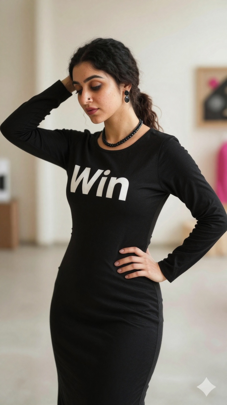 Captured at eye-level a woman stands with her left hand on her hip her right hand resting on her head. She is dressed in a...