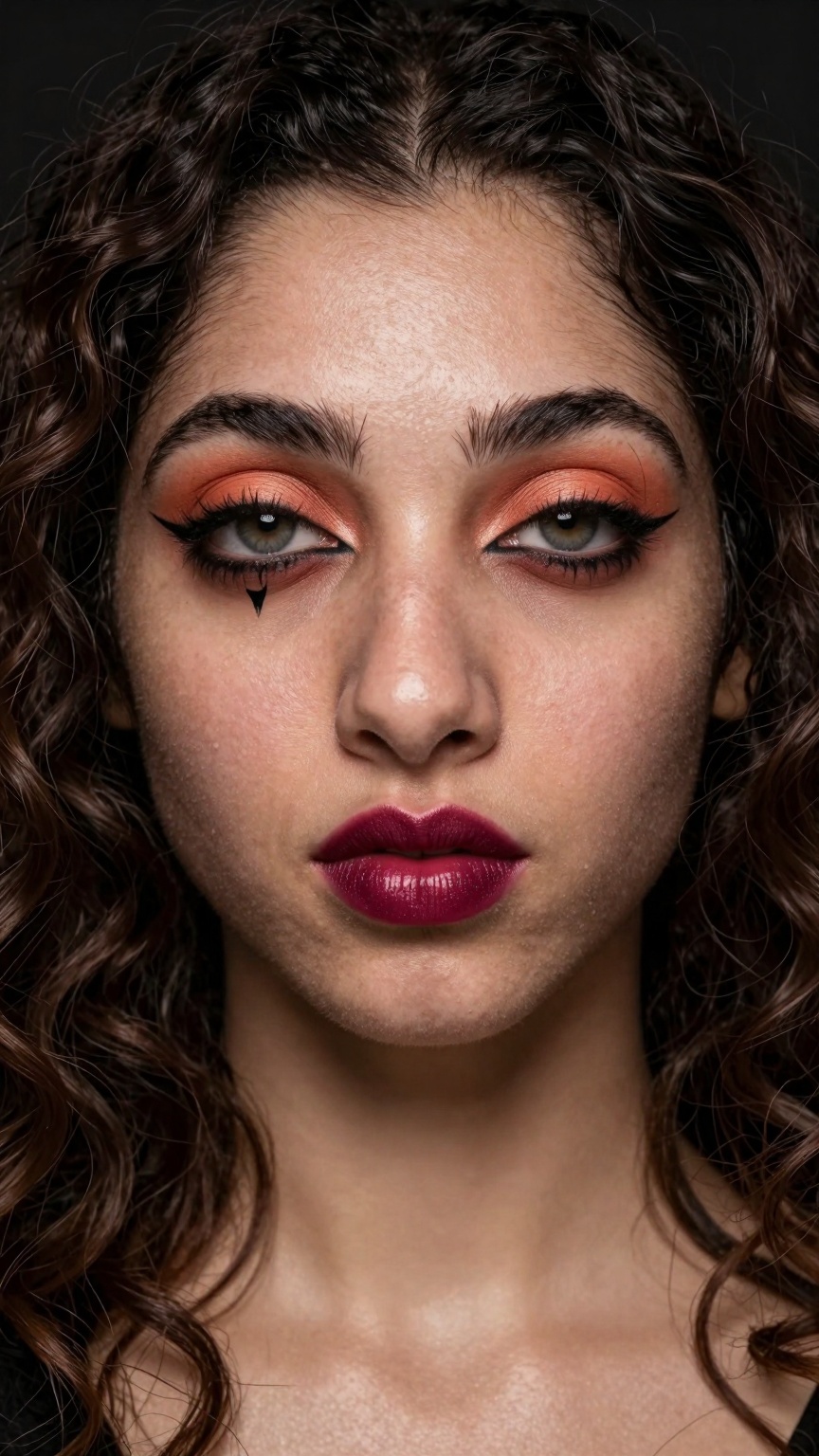 portrait of a glamorous ((pale white skin)),  Close-up portrait of a woman with a unique makeup style. Her eyes are highli...