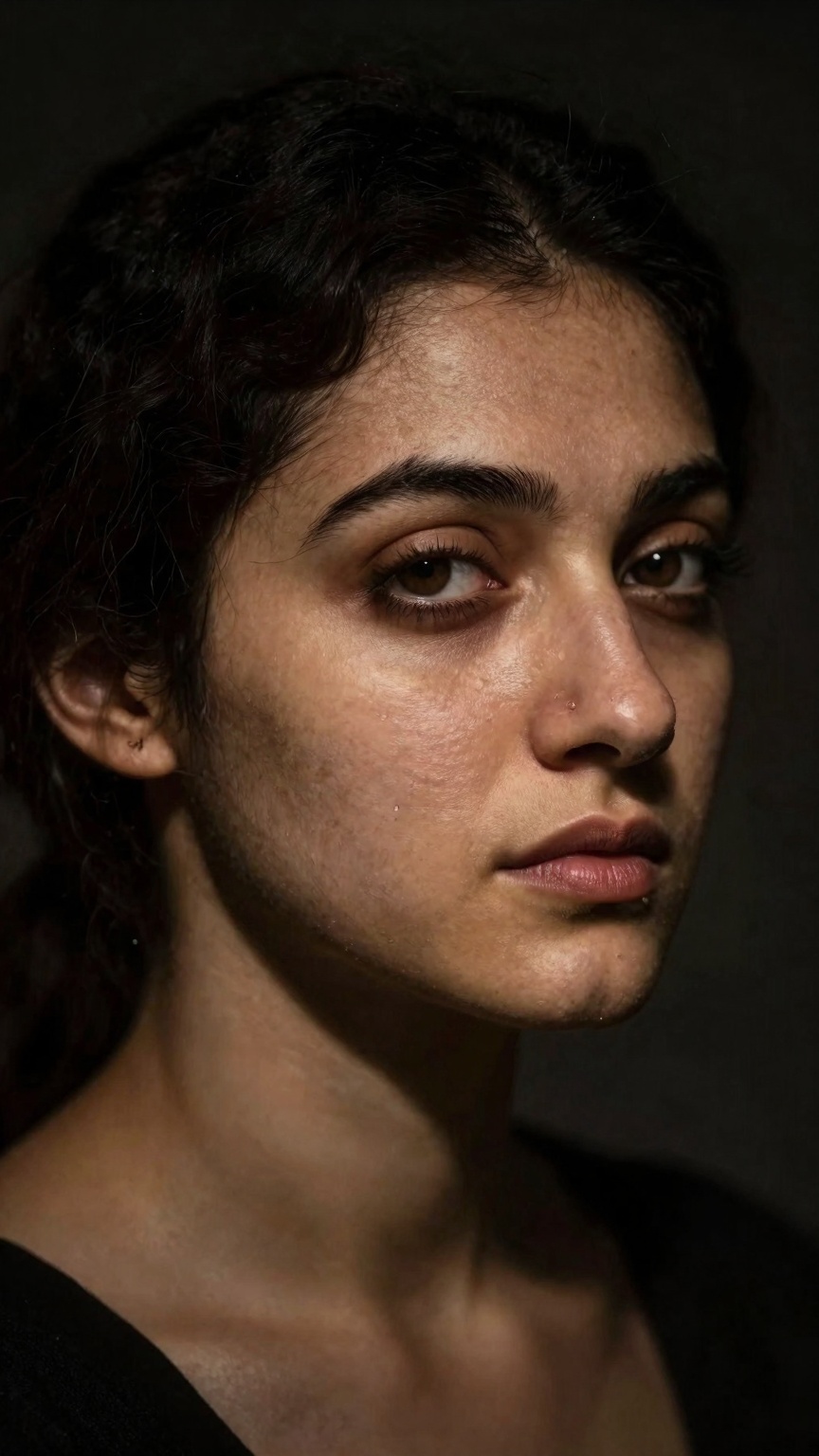 Close up of young woman portrait,  Rembrandt lighting,  dark background on Tensor.Art