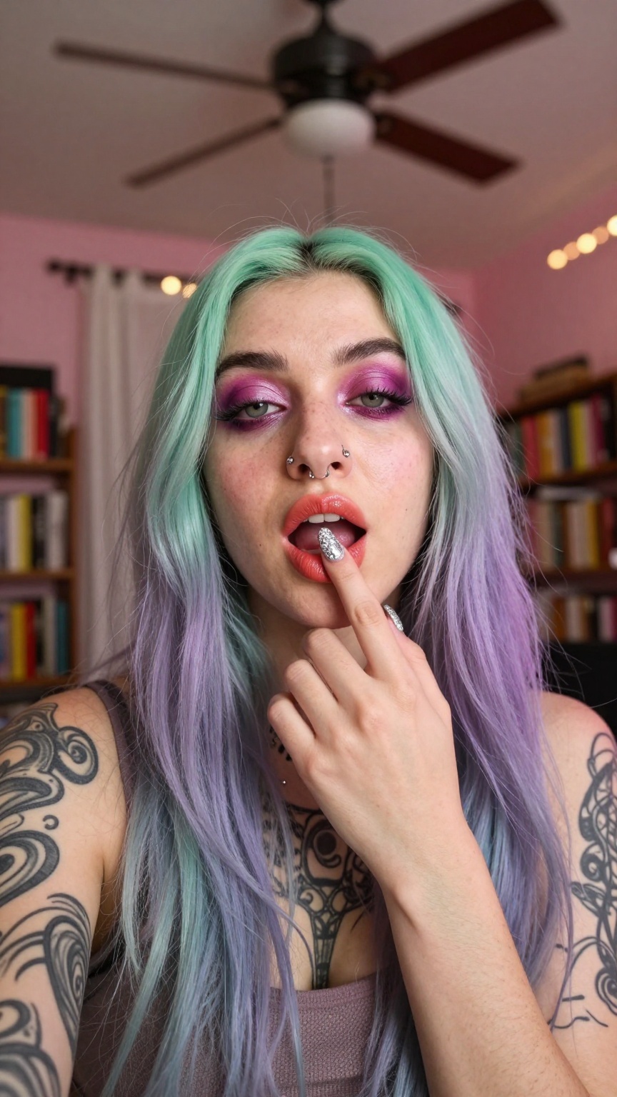 TouchingLip.A close-up selfie captures a person with long,  straight hair transitioning from mint green at the roots to la...