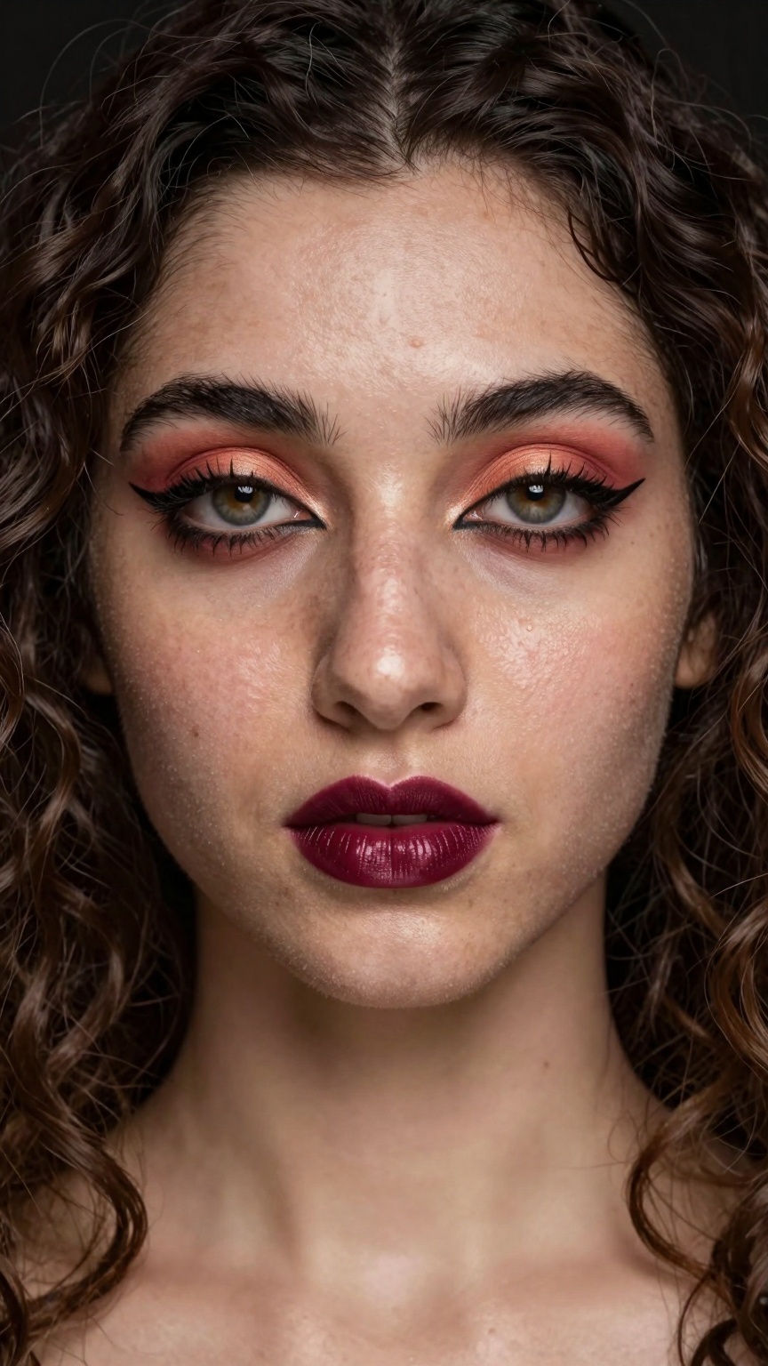 portrait of a glamorous ((pale white skin)),  Close-up portrait of a woman with a unique makeup style. Her eyes are highli...