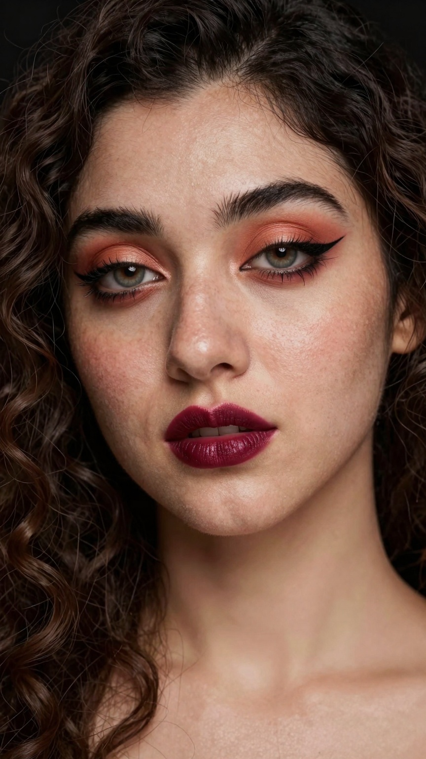 portrait of a glamorous ((pale white skin)),  Close-up portrait of a woman with a unique makeup style. Her eyes are highli...