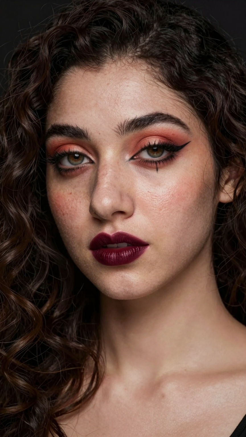 portrait of a glamorous ((pale white skin)),  Close-up portrait of a woman with a unique makeup style. Her eyes are highli...