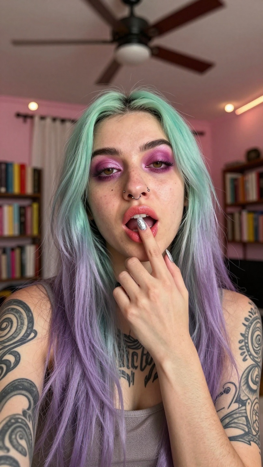 TouchingLip.A close-up selfie captures a person with long,  straight hair transitioning from mint green at the roots to la...