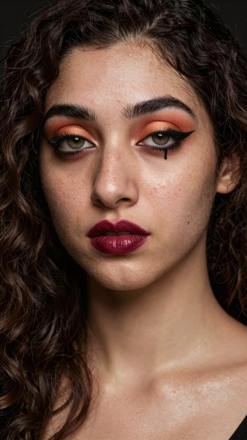 portrait of a glamorous ((pale white skin)),  Close-up portrait of a woman with a unique makeup style. Her eyes are highli...