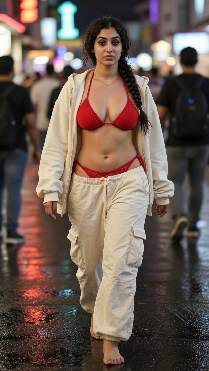A Punjabi women realistic pores and subtle imperfections,  hourglass figure,  long braided ponytail. Wearing oversized cre...