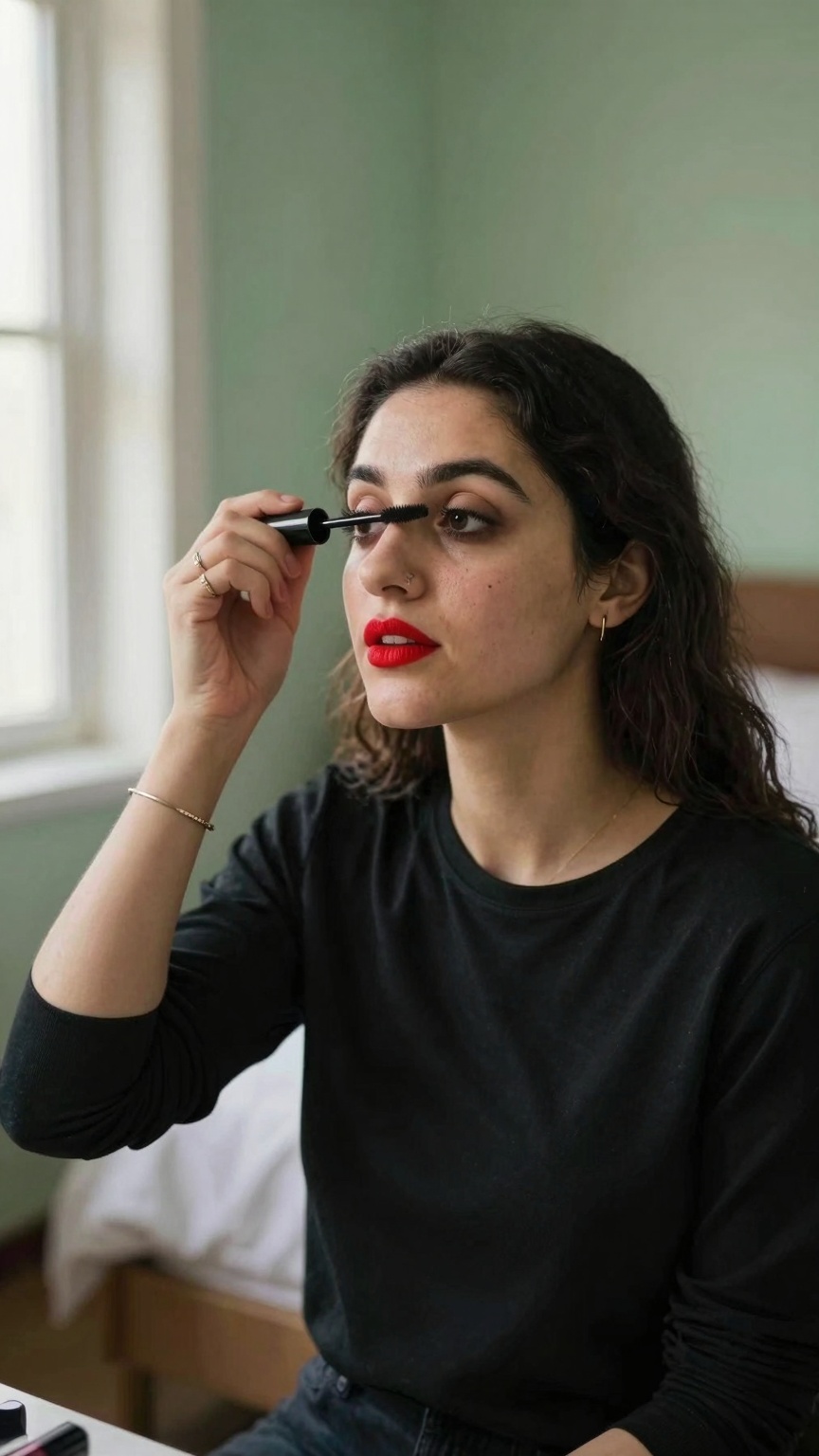 LIASYNTH,  wearing red lipstick,  seated indoors applying mascara to her eyelashes on Tensor.Art