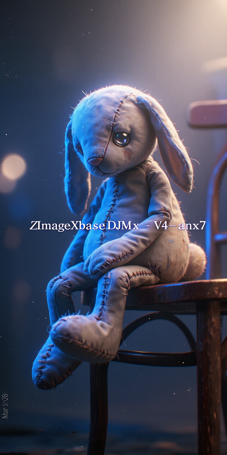 A hyper-realistic plush toy portrait photographed in a cinematic color-noir aesthetic,  featuring a melancholic plush rabb...