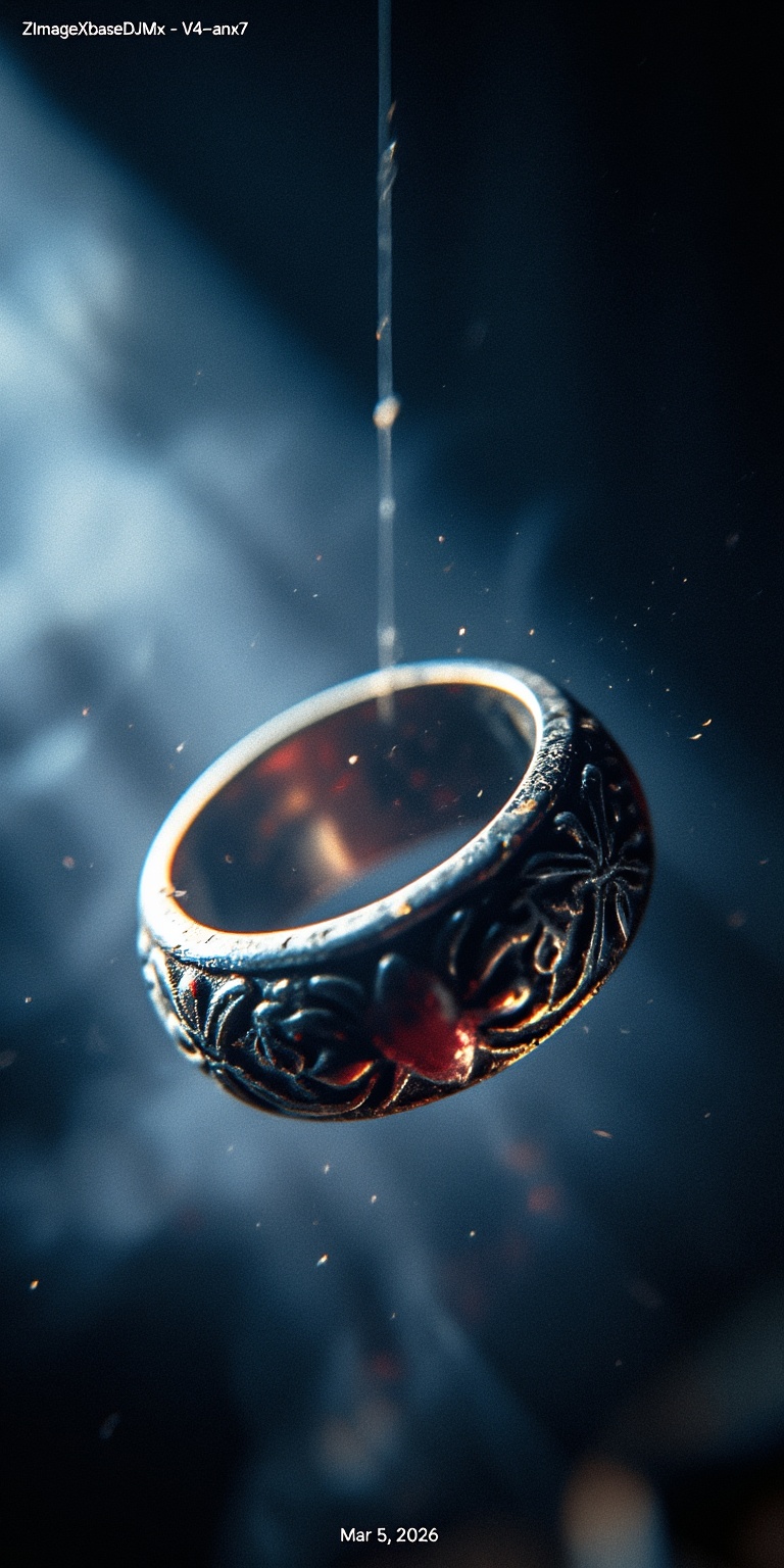 A visually striking cinematic still life centered on an antique **ring** suspended mid-air by nearly invisible thread insi...