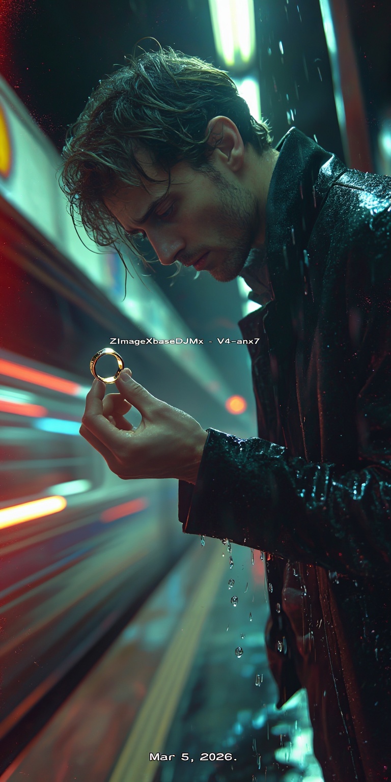 A surreal yet photorealistic color-noir portrait scene where a melancholic man stands in a dimly lit underground metro sta...