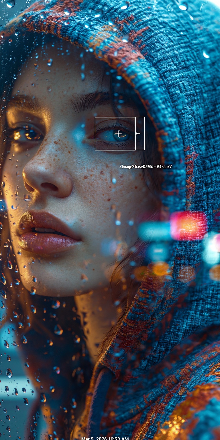 An ultra-high detail neo-noir portrait with a strong “glass vibe” aesthetic,  showing a young woman partially obscured beh...