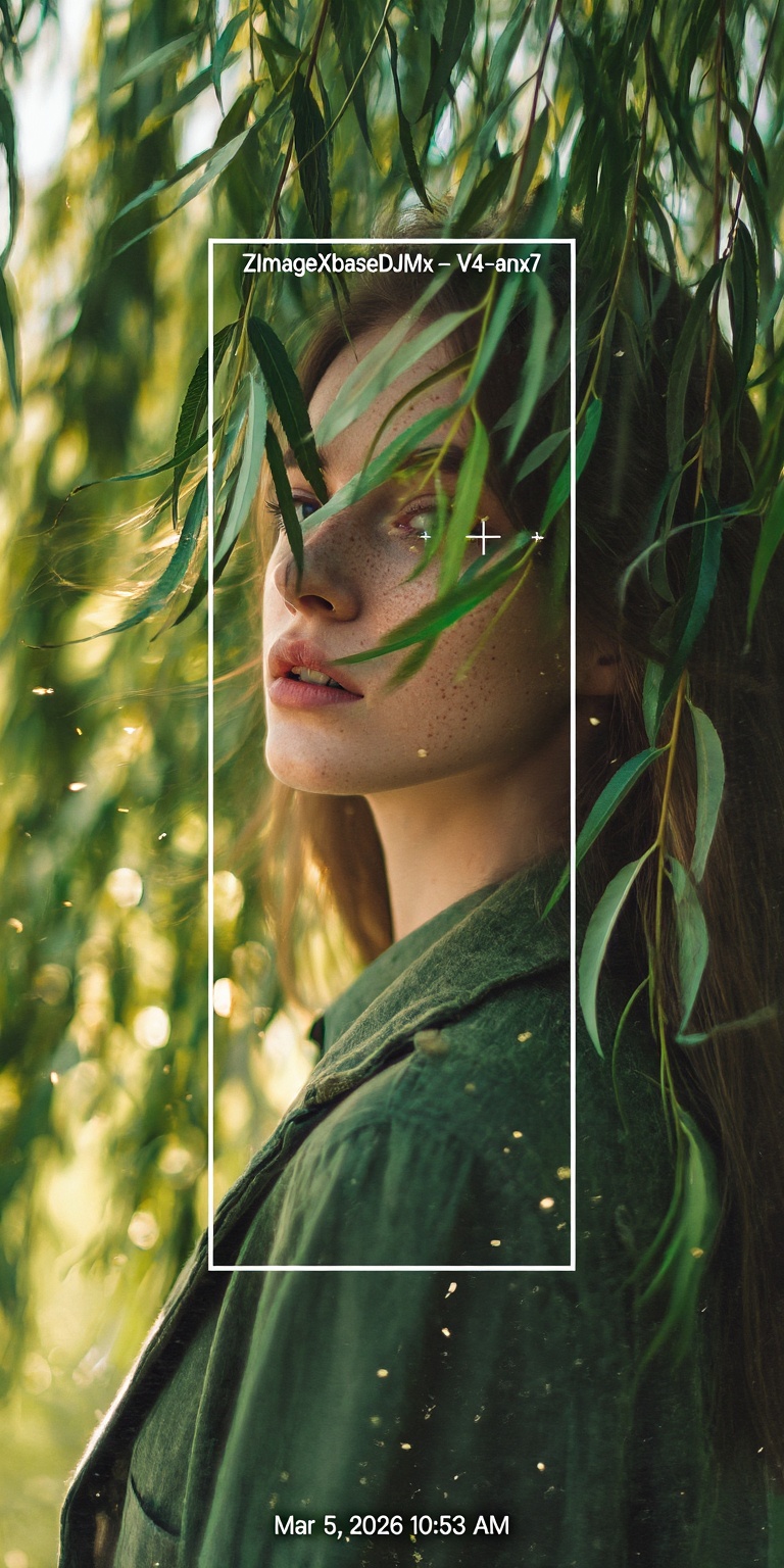 A deeply atmospheric color-cinematic portrait set beneath ancient willow trees,  rendered in ultra-high detail with lush n...