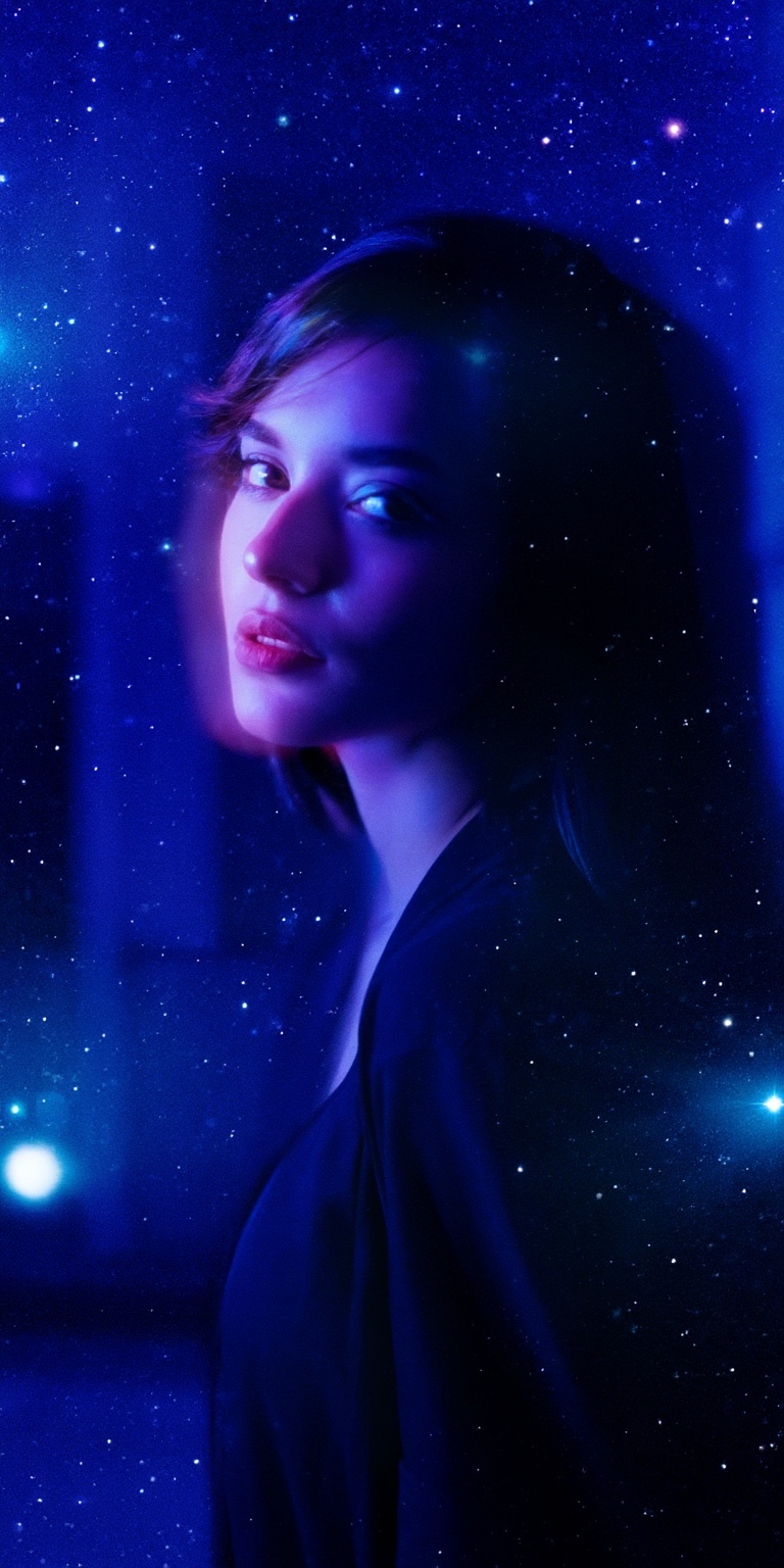 A cinematic color portrait inspired by noir pacing and astrophotography aesthetics,  capturing a woman as the central figu...
