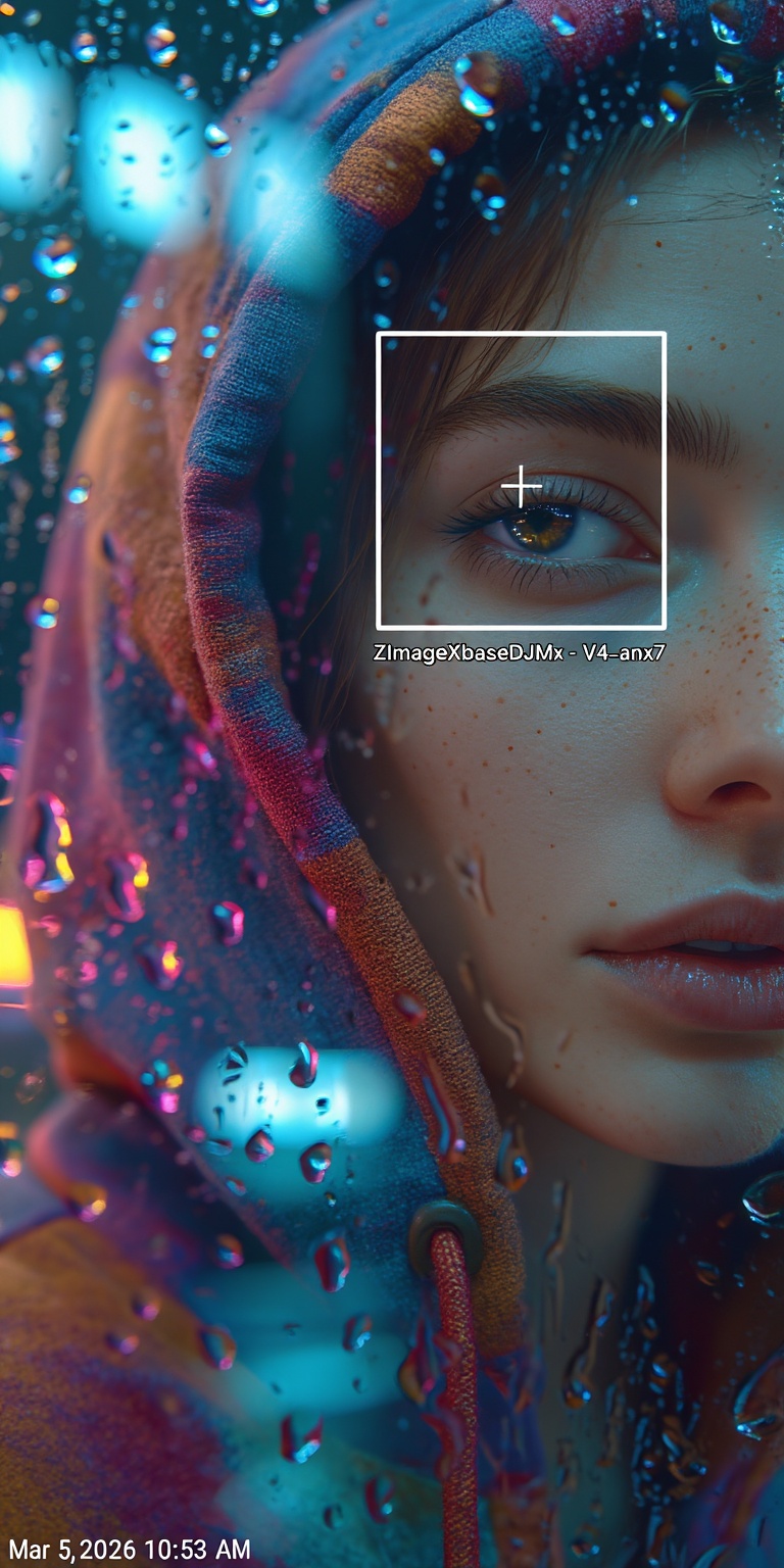 A hyper-realistic “glass vibe” color-noir portrait of a contemplative young woman standing behind a transparent rain-cover...