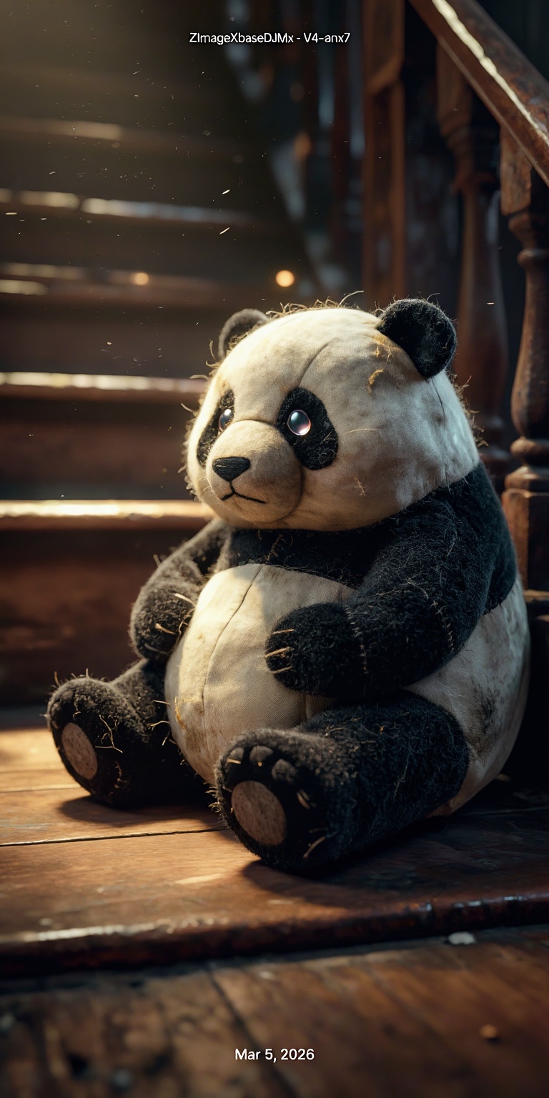 A deeply atmospheric cinematic portrait of a melancholic plush panda toy sitting alone on the edge of a dimly lit staircas...