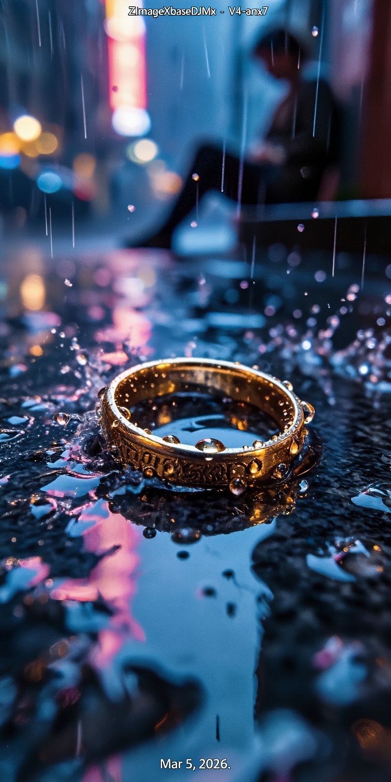 A dramatic macro-cinematic composition featuring a **golden ring** resting on a wet marble surface during a late-night rai...