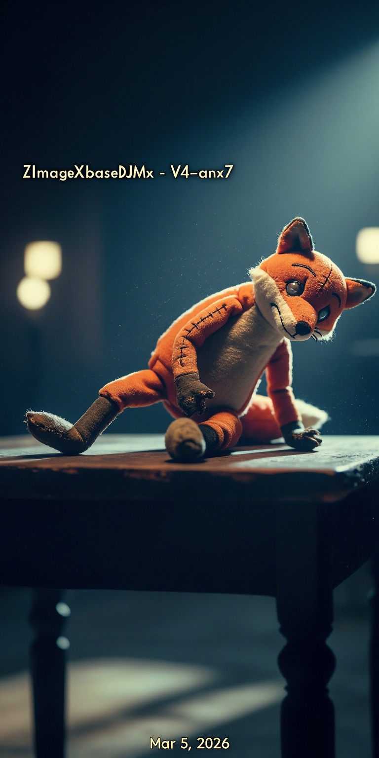 A cinematic color-noir scene featuring a melancholic plush fox toy posed dramatically on a dark wooden table inside a dim...