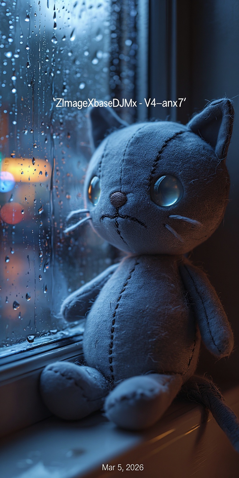 A highly detailed color-noir cinematic portrait of a melancholic plush cat toy resting against a rain-covered window at ni...