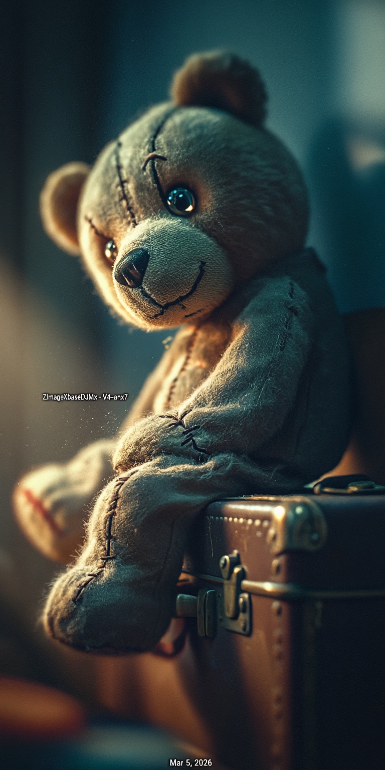 A deeply atmospheric portrait of a melancholic plush bear captured in a cinematic color-noir photography style,  sitting o...