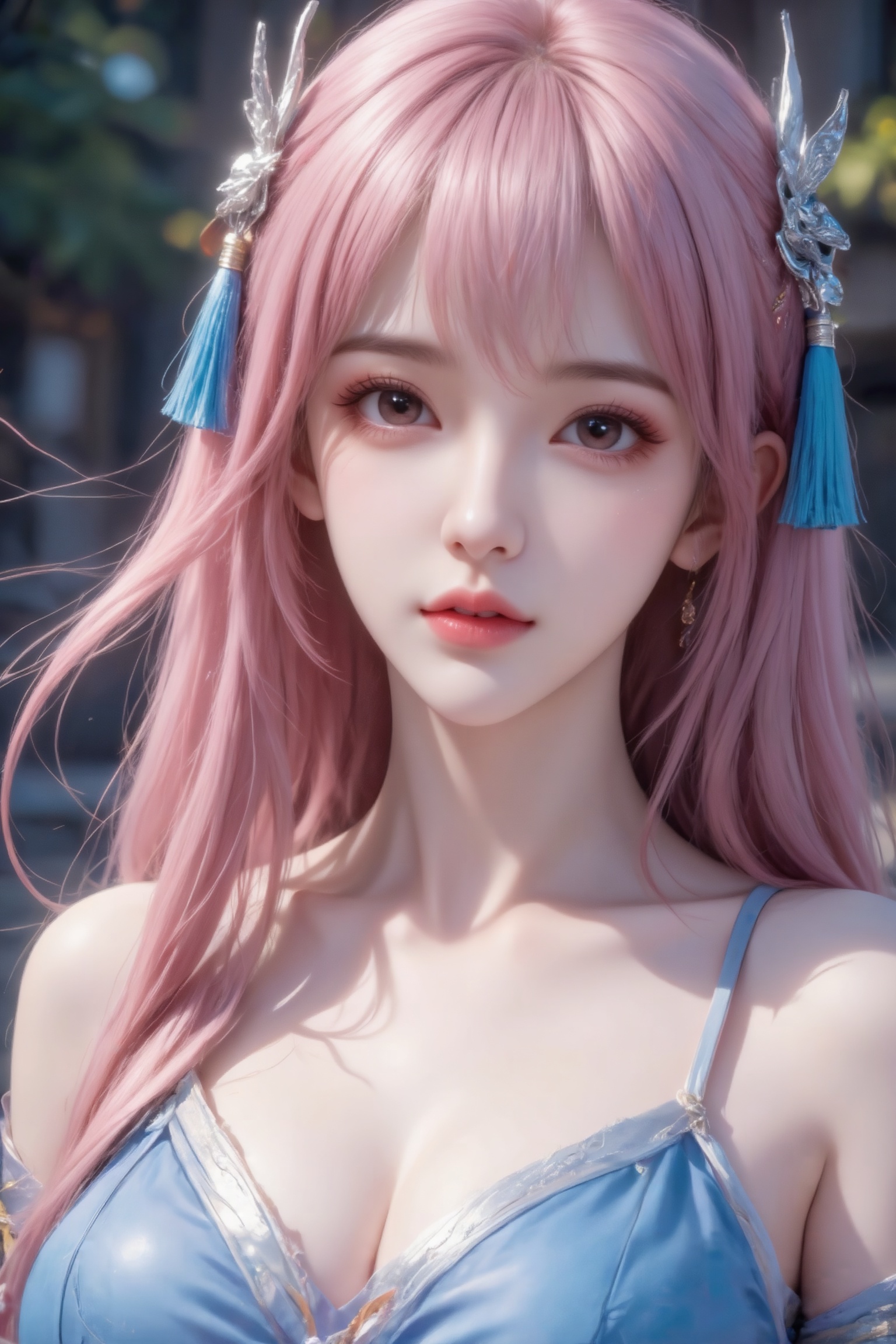 杰作级画质,顶级图像精度,超高清细节渲染,单人女性角色,（ff粉色亮丽的长发：1.4）,（比例优越的纤细长腿：1.3）,（肌肤白皙光滑的匀称美腿：1.4）,（挺拔饱满的D 罩杯曲线：1.4）,（精致立体的美颜五官：1.4）,美颜全开,光滑油亮的皮肤,水嫩的肌肤,,傲人身材,C-cup,一个女孩,粉色头发,
（电影级面光：1.6）,（光线追踪：1.5）,（冷白皮漫感质感的光滑皮肤：1.7）,（人物有最好的骨相：1.2）,（网感脸：1.6）,鞠婧,身材完美,莫兰迪配色,高颜值网红,INS风,三庭五眼比例均衡,细腻陶瓷水嫩肌肤,偏冷白皮,随机的妆容,随机的饰品,随机的动作,侧光,发丝轻飘,凌乱,随机角度拍摄,总体有很多的不确定性,但又好看,
风格甜美少女系,氛围慵懒俏皮,冷白皮气质美女,皮肤白皙,偶像气质,fairskin,气质的江南美女子,有点甜美,皮肤美白透亮,细腻笔触,独特韵味的美,可爱表情,正面照,人物上半身特写,流苏头饰,银饰金属质感,蓝色发饰,倾国倾城,精致细节高清。面容清秀,蓝色系服饰,人物上半身特写镜头,远景,全景,写实风格,写真,户外背景,俏皮可爱,高清画质,细节清楚,气质非凡。大师构图,