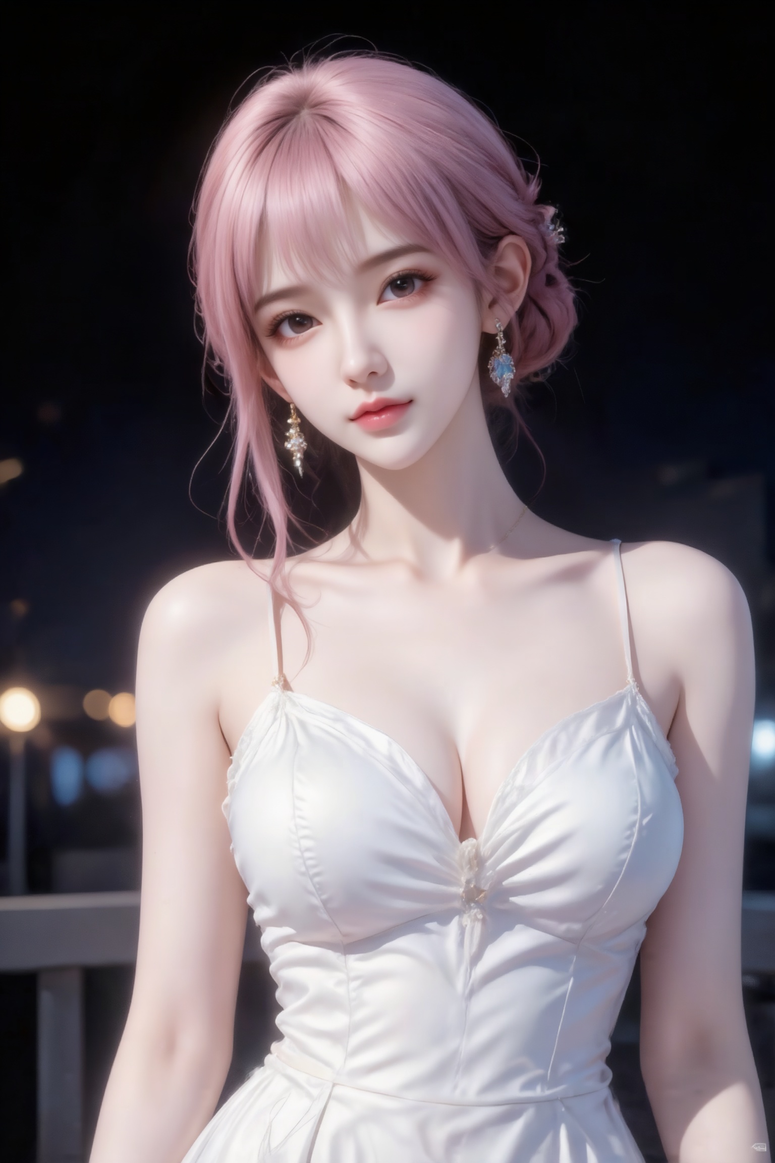 杰作级画质,顶级图像精度,超高清细节渲染,单人女性角色,（ff粉色亮丽的长发：1.4）,（比例优越的纤细长腿：1.3）,（肌肤白皙光滑的匀称美腿：1.4）,（挺拔饱满的D 罩杯曲线：1.4）,（精致立体的美颜五官：1.4）,美颜全开,光滑油亮的皮肤,水嫩的肌肤,,傲人身材,C-cup,一个女孩,粉色头发,
真实摄影,亚洲高颜值美少女,深色盘发,佩戴耳环,穿着白色礼服裙,整体风格优雅、朦胧,充满复古夜景写真的氛围感,（电影级面光：1.6）,（光线追踪：1.5）,（冷白皮漫感质感的光滑皮肤：1.7）,（人物有最好的骨相：1.2）,（网感脸：1.6）,（网感妆：1.6）身材完美,莫兰迪配色,高颜值网红,INS风,幼态脸,19岁女生尖下巴,三庭五眼比例均衡,身材娇小,细腻陶瓷水嫩肌肤,偏冷白皮,随机的妆容,随机的饰品,随机的动作,侧光,发丝轻飘,凌乱,随机角度拍摄,总体有很多的不确定性,但又好看,
风格甜美少女系,氛围慵懒俏皮,东方美女,年轻娇小,冷白皮气质美女,纯欲风,皮肤白皙,偶像气质,fairskin,气质的江南美女子,有点甜美,皮肤美白透亮,表情可爱,甜美氛围,细腻笔触,独特韵味的美,构图优美,绝美角度拍摄