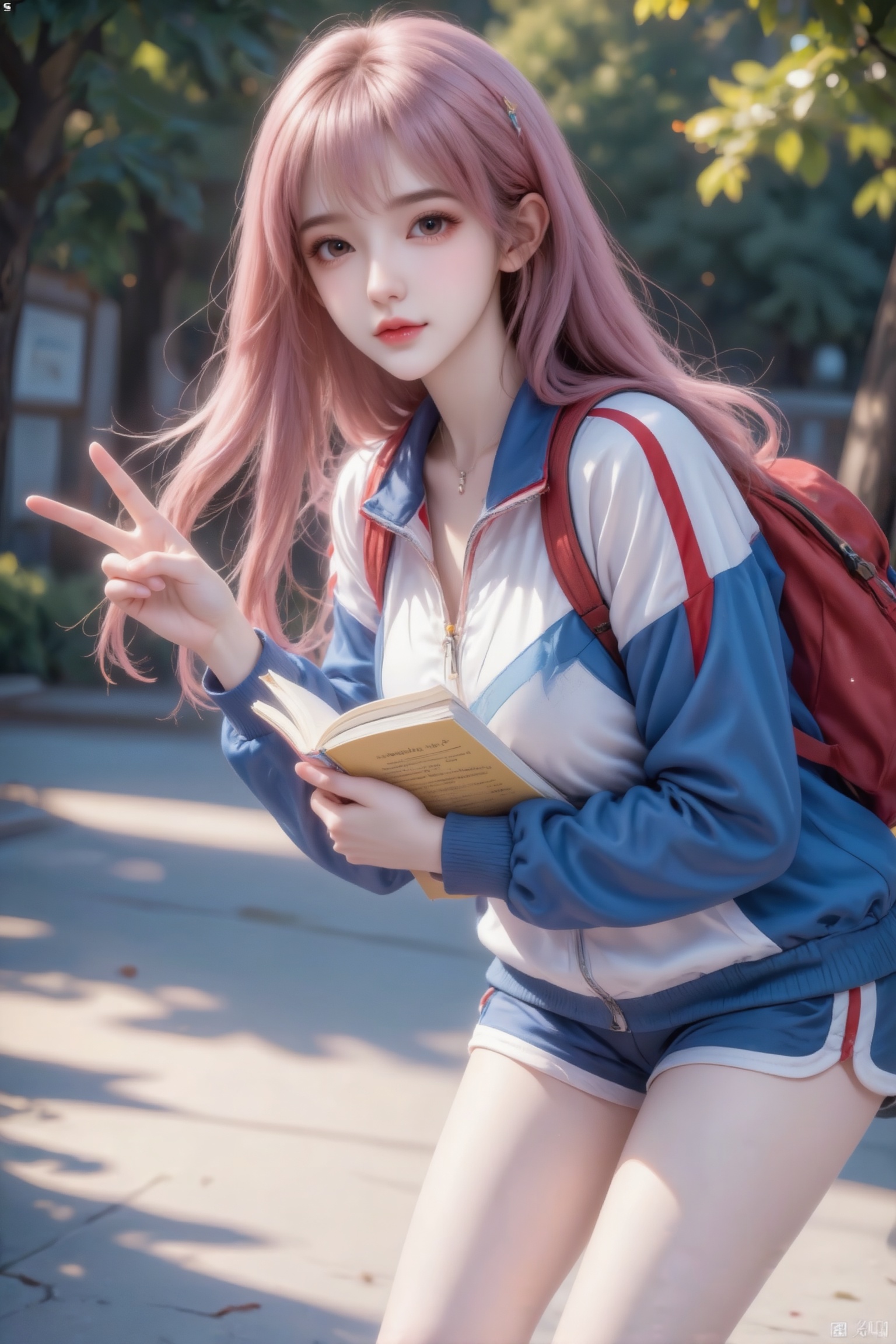 杰作级画质,顶级图像精度,超高清细节渲染,单人女性角色,（ff粉色亮丽的长发：1.4）,（比例优越的纤细长腿：1.3）,（肌肤白皙光滑的匀称美腿：1.4）,（挺拔饱满的D 罩杯曲线：1.4）,（精致立体的美颜五官：1.4）,美颜全开,光滑油亮的皮肤,水嫩的肌肤,,傲人身材,C-cup,一个女孩,粉色头发,
真实摄影,亚洲美少女薇薇,棕色长发,穿着蓝白红拼色运动外套、白色内搭,背着红色背包；手持书本,在户外（背景有树木与光影）,比出剪刀手姿势,整体风格青春活力,充满校园清新与阳光的氛围美感,倾斜构图,（电影级面光：1.6）,（光线追踪：1.5）,（冷白皮漫感质感的光滑皮肤：1.7）,（人物有最好的骨相：1.2）,（网感脸：1.6）,身材完美,莫兰迪配色,高颜值,19岁女生尖下巴,三庭五眼比例均衡,身材娇小,娇羞的表情,细腻陶瓷水嫩肌肤,偏冷白皮,随机的妆容,随机发型和颜色,随机的饰品,随机的动作,侧光,发丝轻飘,凌乱,随机角度拍摄,总体有很多的不确定性,但又好看,风格甜美少女系,氛围慵懒俏皮,东方美女,年轻娇小,发丝呈现出自然的蓬松感与垂坠感,长发散落于肩头两侧,几缕发丝拂面,冷白皮气质美女,纯欲风,皮肤白皙,偶像气质,fairskin,气质的江南美女子,有点甜美,皮肤美白透亮,表情可爱,甜美氛围,细腻笔触,独特韵味的美,