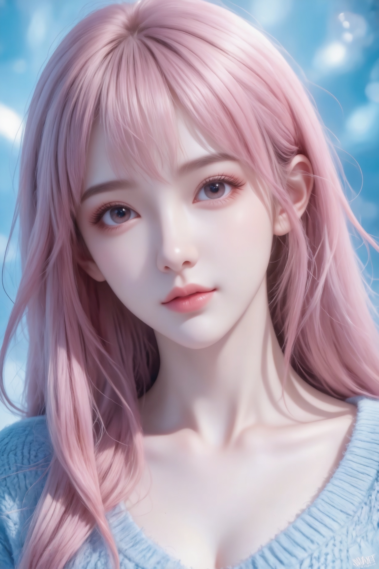 杰作级画质,顶级图像精度,超高清细节渲染,单人女性角色,（ff粉色亮丽的长发：1.4）,（比例优越的纤细长腿：1.3）,（肌肤白皙光滑的匀称美腿：1.4）,（挺拔饱满的D 罩杯曲线：1.4）,（精致立体的美颜五官：1.4）,美颜全开,光滑油亮的皮肤,水嫩的肌肤,,傲人身材,C-cup,一个女孩,粉色头发,
真人写真,古风,正面面部特写,一位绝色美人,玉骨冰肌,肌肤胜雪,绝美的容貌,浅蓝色色毛衣,背景是蓝色梦幻背景,朦胧美,完美构图,高清质量,（电影级面光：1.6）,（光线追踪：1.5）,（冷白皮漫感质感的光滑皮肤：1.7）,（人物有最好的骨相：1.2）,（网感脸：1.6）,（网感妆：1.6）S形身材,身材完美,莫兰迪配色,高颜值网红,INS风,幼态脸,19岁女生尖下巴,三庭五眼比例均衡,身材娇小,细腻陶瓷水嫩肌肤,偏冷白皮,随机的妆容,随机的饰品,随机的动作,侧光,发丝轻飘,凌乱,随机角度拍摄,总体有很多的不确定性,但又好看,
风格甜美少女系,氛围慵懒俏皮,东方美女,黑长直,年轻娇小,发丝呈现出自然的蓬松感与垂坠感,长发散落于肩头两侧,几缕发丝拂面,冷白皮气质美女,薇薇纯欲风,皮肤白皙,偶像气质,fairskin,气质的江南美女子,有点甜美,皮肤美白透亮,表情可爱,甜美氛围,细腻笔触,独特韵味的美,可爱表情,正面照,人物上半身特写
