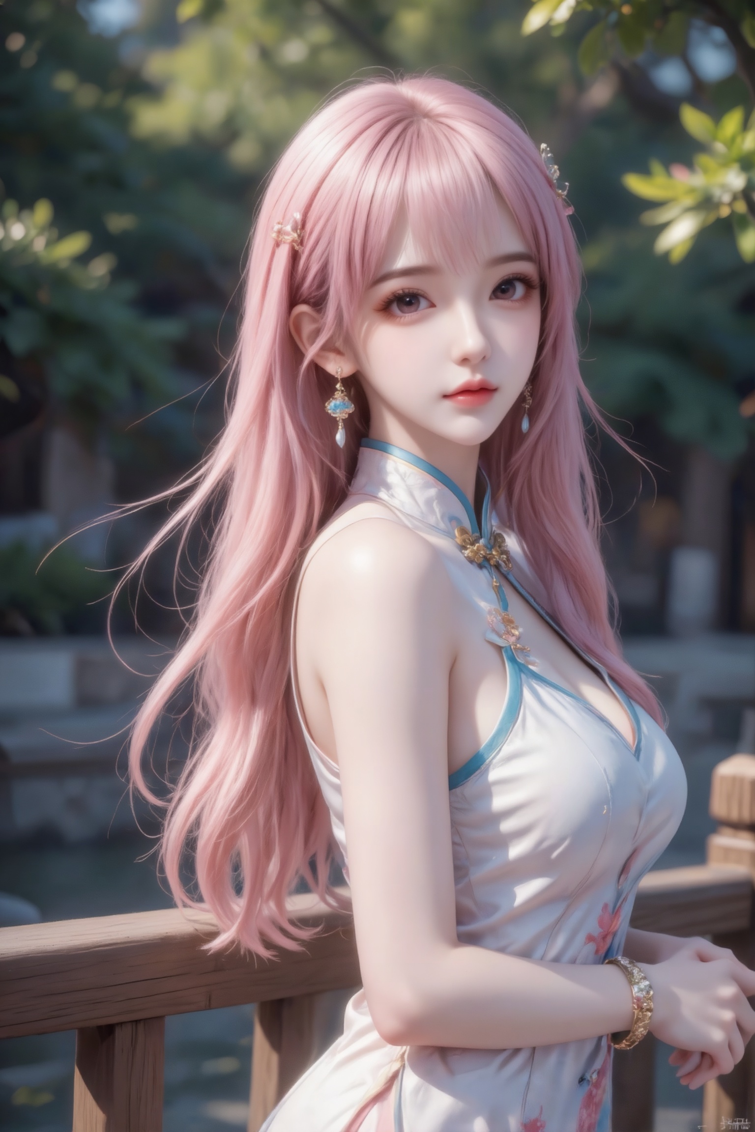 杰作级画质,顶级图像精度,超高清细节渲染,单人女性角色,（ff粉色亮丽的长发：1.4）,（比例优越的纤细长腿：1.3）,（肌肤白皙光滑的匀称美腿：1.4）,（挺拔饱满的D 罩杯曲线：1.4）,（精致立体的美颜五官：1.4）,美颜全开,光滑油亮的皮肤,水嫩的肌肤,,傲人身材,C-cup,一个女孩,粉色头发,
（电影级面光：1.6）,（光线追踪：1.5）,（冷白皮漫感质感的光滑皮肤：1.7）,（人物有最好的骨相：1.2）,（网感脸：1.6）,（网感妆：1.6）身材完美,莫兰迪配色,高颜值网红,INS风,幼态脸,19岁女生尖下巴,三庭五眼比例均衡,身材娇小,细腻陶瓷水嫩肌肤,偏冷白皮,随机的妆容,随机的饰品,随机的动作,发丝轻飘,凌乱,随机角度拍摄,总体有很多的不确定性,但又好看,
风格甜美少女系,氛围慵懒俏皮,东方美女,年轻娇小,冷白皮气质美女,薇薇纯欲风,皮肤白皙,偶像气质,fairskin,气质的江南美女子,有点甜美,皮肤美白透亮,表情可爱,甜美氛围,细腻笔触,独特韵味的美,构图优美,绝美角度,风情妩媚天真而不自知,楚楚可怜,佩戴着精致的耳饰和手镯,身着高定旗袍,她站在木质围栏旁边,近景失焦,背景是绿意满满的户外环境,风格清新而优雅,环境为晴天,柔和的光线笼罩。
