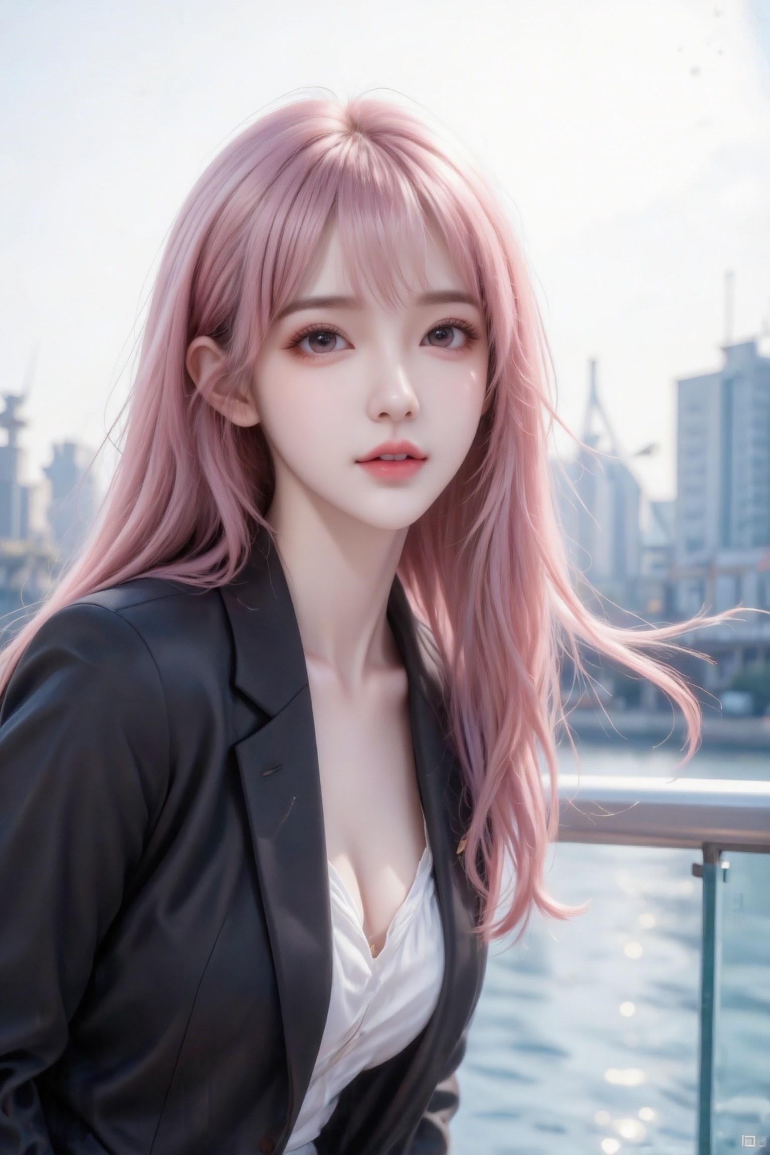 杰作级画质,顶级图像精度,超高清细节渲染,单人女性角色,（ff粉色亮丽的长发：1.4）,（比例优越的纤细长腿：1.3）,（肌肤白皙光滑的匀称美腿：1.4）,（挺拔饱满的D 罩杯曲线：1.4）,（精致立体的美颜五官：1.4）,美颜全开,光滑油亮的皮肤,水嫩的肌肤,,傲人身材,C-cup,一个女孩,粉色头发,
真实摄影,身着黑色西装外套、白色连衣裙,站在临水的玻璃栏杆旁（背景是斜拉桥、城市建筑群、江面,天气晴朗）,简约,高级,户外,双腿笔直细长,（电影级面光：1.6）,（光线追踪：1.5）,（冷白皮漫感质感的光滑皮肤：1.7）,（人物有最好的骨相：1.2）,（网感脸：1.6）,（网感妆：1.6）身材完美,莫兰迪配色,高颜值网红,INS风,幼态脸,19岁女生尖下巴,三庭五眼比例均衡,身材娇小,细腻陶瓷水嫩肌肤,偏冷白皮,随机的妆容,随机的饰品,随机的动作,侧光,发丝轻飘,凌乱,随机角度拍摄,总体有很多的不确定性,但又好看,
风格甜美少女系,氛围慵懒俏皮,东方美女,黑长直,年轻娇小,发丝呈现出自然的蓬松感与垂坠感,长发散落于肩头两侧,几缕发丝拂面,冷白皮气质美女,薇薇纯欲风,皮肤白皙,偶像气质,fairskin,气质的江南美女子,有点甜美,皮肤美白透亮,表情可爱,甜美氛围,细腻笔触,独特韵味的美,可爱表情,正面照,人物上半身特写,