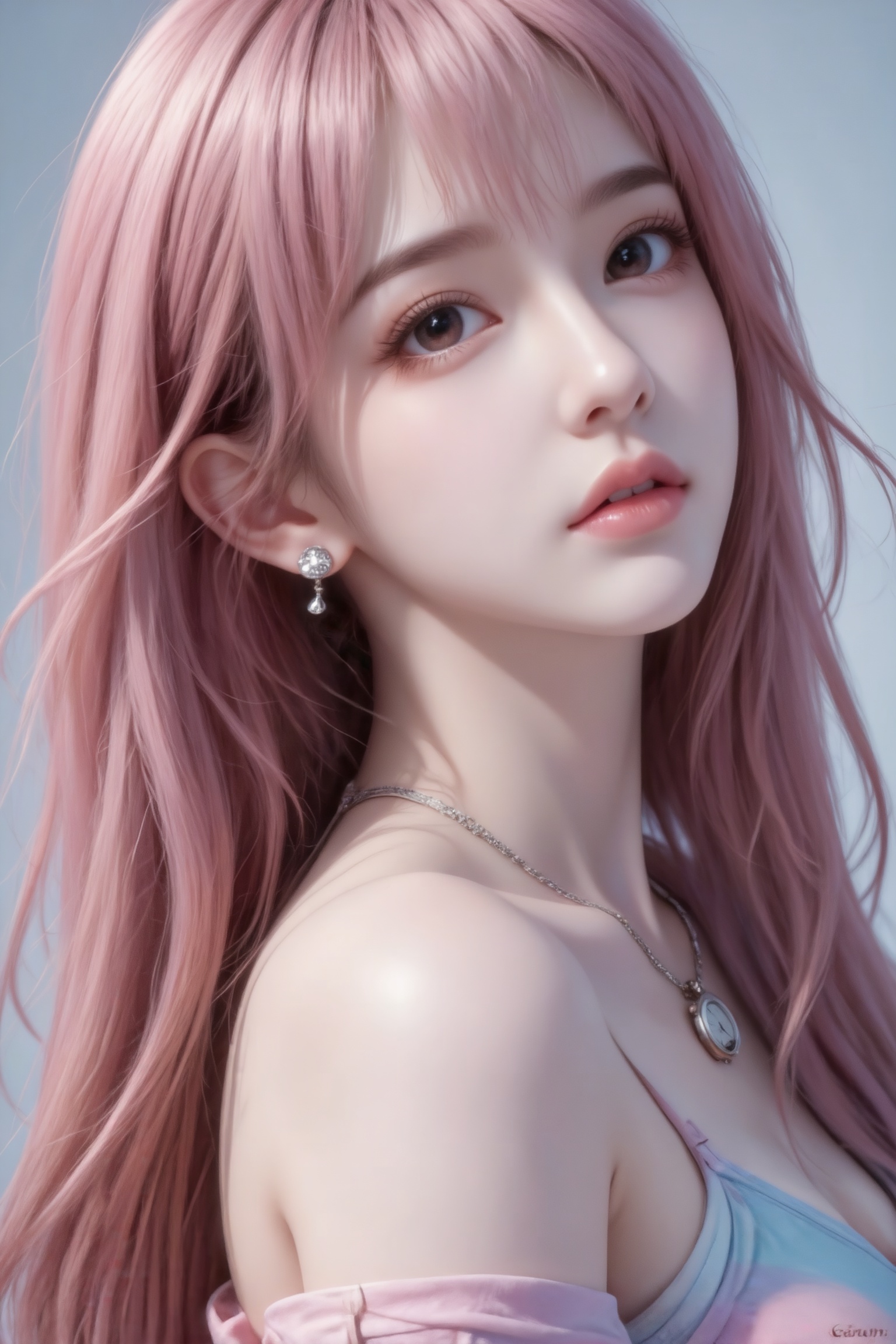 杰作级画质,顶级图像精度,超高清细节渲染,单人女性角色,（ff粉色亮丽的长发：1.4）,（比例优越的纤细长腿：1.3）,（肌肤白皙光滑的匀称美腿：1.4）,（挺拔饱满的D 罩杯曲线：1.4）,（精致立体的美颜五官：1.4）,美颜全开,光滑油亮的皮肤,水嫩的肌肤,,傲人身材,C-cup,一个女孩,粉色头发,
佳能单反相机拍摄,运用大师非常规构图,大师杰作
漂亮女生,19岁网红,有着大眼睛,冷白皮,通透,可爱表情,鹅蛋脸,茶色慵懒长发及腰,发丝拂面,发丝凌乱,神情忧郁妖冶少女,冷白皮,露双肩,瓜子脸尖下巴,超长发,皮肤白皙,皮肤质感白嫩清透,底妆通透,肤色均匀自然,纯欲风。银色耳钉,莫兰迪色系时尚穿搭,氛围感,故事感,高级感,动态感,背景换成参考图露双肩身材完美,,戴耳钉,戴手表,戴项链,莫兰迪配色,高颜值,做可爱表情,眉清目秀,初恋感,表情自然松弛慵懒休闲,眼神很自然不失真,完美身材,皮肤质感白嫩清透,甜美女生,完美贴合身形；整体风格简约大气,又因修身剪裁,俏皮灵动,嫩白皙柔滑,氛围感,故事感,视觉冲击效果,高级感,动态感,32K,大师杰作。梦幻,冷白皮,必须身材完美,肌肤雪白有光泽。整体画面必须清新明亮干净。
背景换成参考图
