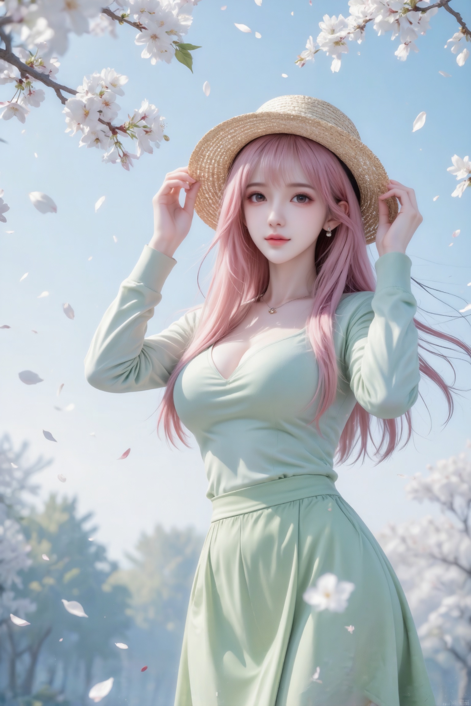 杰作级画质,顶级图像精度,超高清细节渲染,单人女性角色,（ff粉色亮丽的长发：1.4）,（比例优越的纤细长腿：1.3）,（肌肤白皙光滑的匀称美腿：1.4）,（挺拔饱满的D 罩杯曲线：1.4）,（精致立体的美颜五官：1.4）,美颜全开,光滑油亮的皮肤,水嫩的肌肤,,傲人身材,C-cup,一个女孩,粉色头发,
真实摄影,亚洲高颜值美少女,穿着浅绿色长袖上衣、浅绿色长裙,手持草编宽檐帽；身处盛开的樱花树下（白色花瓣飘落）,背景是蓝天、朦胧的树林,整体风格清新、治愈,充满春日樱花季的氛围感,（电影级面光：1.6）,（光线追踪：1.5）,（冷白皮漫感质感的光滑皮肤：1.7）,（人物有最好的骨相：1.2）,（网感脸：1.6）,（网感妆：1.6）身材完美,莫兰迪配色,高颜值网红,INS风,幼态脸,19岁女生尖下巴,三庭五眼比例均衡,身材娇小,细腻陶瓷水嫩肌肤,偏冷白皮,随机的妆容,随机的饰品,随机的动作,侧光,发丝轻飘,凌乱,随机角度拍摄,总体有很多的不确定性,但又好看,
风格甜美少女系,氛围慵懒俏皮,东方美女,黑长直,年轻娇小,发丝呈现出自然的蓬松感与垂坠感,长发散落于肩头两侧,几缕发丝拂面,冷白皮气质美女,薇薇纯欲风,皮肤白皙,偶像气质,fairskin,气质的江南美女子,有点甜美,皮肤美白透亮,表情可爱,甜美氛围,细腻笔触,独特韵味的美,构图优美,绝美角度,近景上半身特写