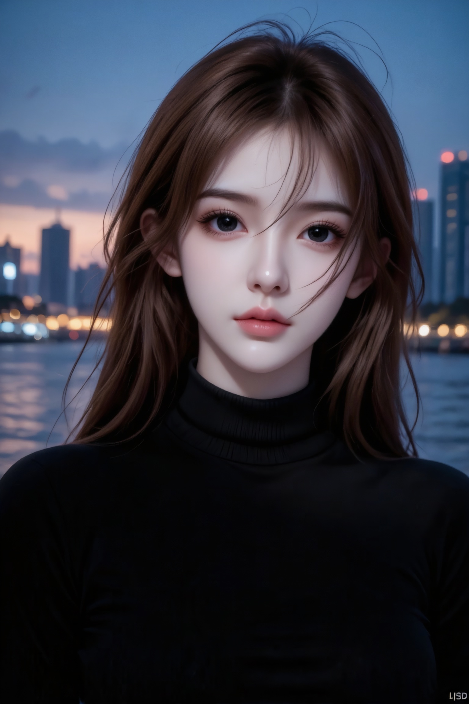 杰作级画质,顶级图像精度,超高清细节渲染,单人女性角色,（ff粉色亮丽的长发：1.4）,（比例优越的纤细长腿：1.3）,（肌肤白皙光滑的匀称美腿：1.4）,（挺拔饱满的D 罩杯曲线：1.4）,（精致立体的美颜五官：1.4）,美颜全开,光滑油亮的皮肤,水嫩的肌肤,,傲人身材,C-cup,一个女孩,粉色头发,
时尚艺术风格人物,美女望着镜头特写,精致刻画,流畅的线条,神秘感,大片海报效果超高清,专业真人写真,七分人身拍摄,中远景,神情忧郁妖冶少女,气质优雅的美女,纯欲风,少女正面朝向镜头,棕色长发（带有凌乱感）,发丝清晰可见,脸颊白皙无暇,黑色高领打底衫,皮肤冷白,精致的面容,几缕碎发轻扫眉眼,像揉进了半分清冷半分柔。服装颜色和款式自由搭配,五官俊美,精致,神秘莫测,真人写真,容颜清丽脱俗,娇俏甜美,人间尤物,清澈明亮的大眼睛,黑色瞳孔,弯弯的柳眉,冷白皮,琼鼻挺翘,肌肤如雪,气质出众,天姿国色,精致名媛妆容,32K超高清分辨率,专业摄影光照,大级构建画面,全画幅清晰对焦,使图像达到32K壁纸级质感。背景是广州珠江边暮色,灯光,海面,高楼大厦。