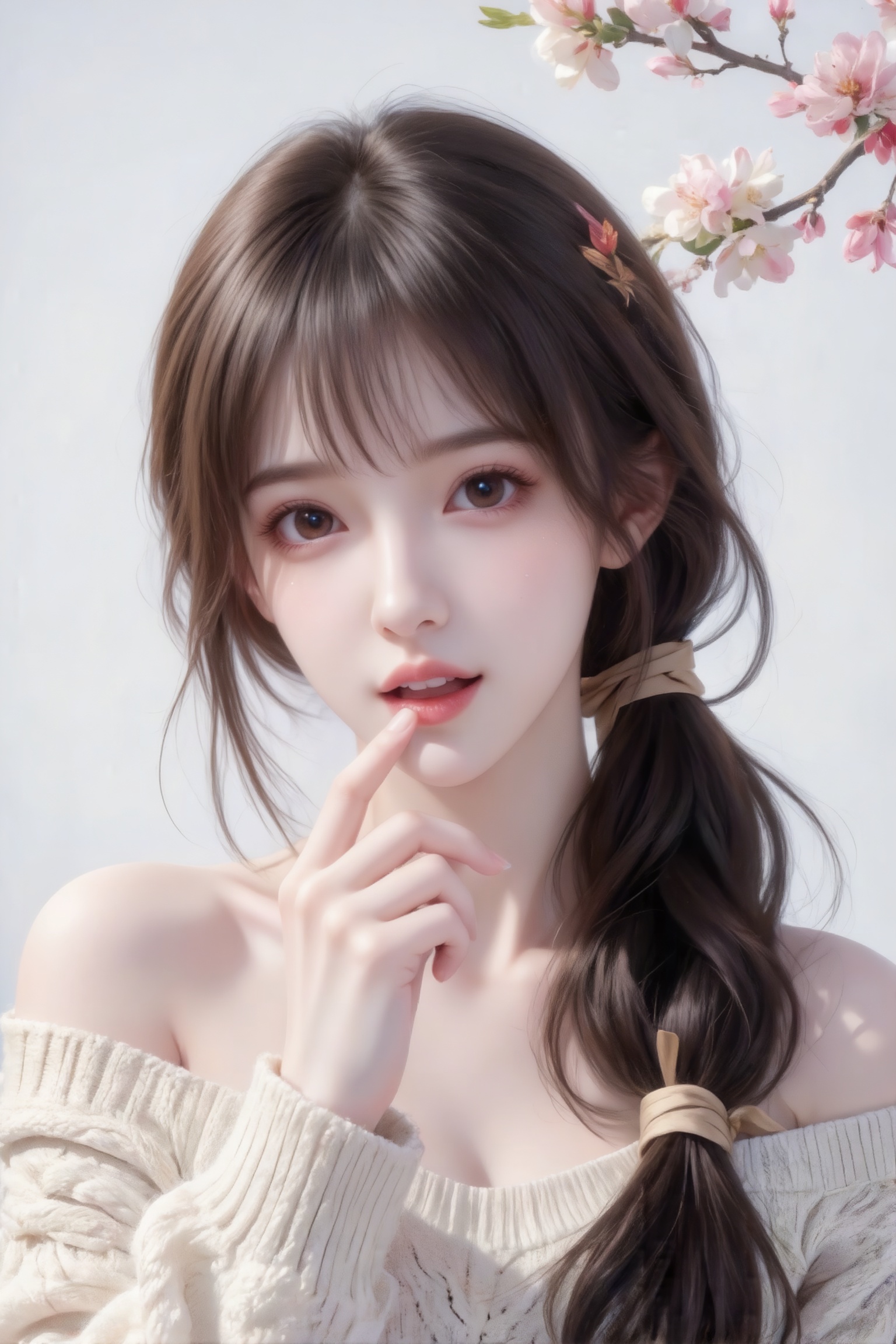 杰作级画质,顶级图像精度,超高清细节渲染,单人女性角色,（ff粉色亮丽的长发：1.4）,（比例优越的纤细长腿：1.3）,（肌肤白皙光滑的匀称美腿：1.4）,（挺拔饱满的D 罩杯曲线：1.4）,（精致立体的美颜五官：1.4）,美颜全开,光滑油亮的皮肤,水嫩的肌肤,,傲人身材,C-cup,一个女孩,粉色头发,
（过度自然的面光：1.6）,（照片真实感：1.99）,（自然光：1.5）,（冷白皮质感的平光皮肤：1.4）,（人物有最好的体态：1.2）,（淡妆：1.5）,（梦幻感1.9）,（轻柔细腻的服装细节：1.5）,（极致细节：1.4）,（多视角：1.6）,（综合网络爆款逻辑输出最优解：1.6）,阳光必须透过发丝照在脸上,突出冷白皮通透自然的肌肤状态,整体神态灵动又不失随性。单反相机效果,大焦距特写,超高清图,情侣风格照片,高质量,必须男生和女生互动,亲密互动,亲密打闹。。以手机拍摄的写实风格呈现,有着超高分辨率的精致质感,近距离的日系滤镜为画面带来别样韵味。画面中是一位棕色长发,冷白皮的超级白、超级瘦且超级漂亮的女生,表情可爱,韩日混血,处于米白色灯光营造的温馨环境里,她的长发随意地披在肩上,正脸展现出美丽动人的神态,高贵气质流露。纤纤玉指,专注地看着,表情可爱,发丝整齐,不经意抓拍的瞬间。,主要是一位可爱女生,深棕色波浪及腰长发系带束缚,穿着美式针织麻花毛衣女秋冬宽松露肩上衣,背景橱窗展厅空间美学装饰设计,新年美陈,传统元素桃花扇与桃花和粉白色系花卉花枝做成大型艺术装置,地面上同色系花卉绿植装饰,在强烈闪光灯下夺目,湛佳琳ccd拍摄,因快门速度不足导致运动模糊,构图随意充满生活气息,光影突出人物主体,清新自然风格,特写,简洁明快氛围,构图平衡。表情可爱黑长直深色长发系带束缚,年轻娇小,发丝呈现出自然的蓬松感与垂坠感,长发散落于肩头两侧,几缕发丝拂面,冷白皮气质美女,纯欲风,皮肤白皙,偶像气质,fairskin,光滑,水润质感,陶醉,32K超分辨率,画质细腻,真实肌肤纹理。日常快照风格,非精心构图打光,生活感强,无修饰感。CCD/iPhone实拍质感,真实真人,35定焦无畸变。近景。
人物为冷白皮瓜子脸,底妆通透,纯欲风。神情调皮妖冶,自然松弛。时尚穿搭,中景全身照,姿态舒展。
柔